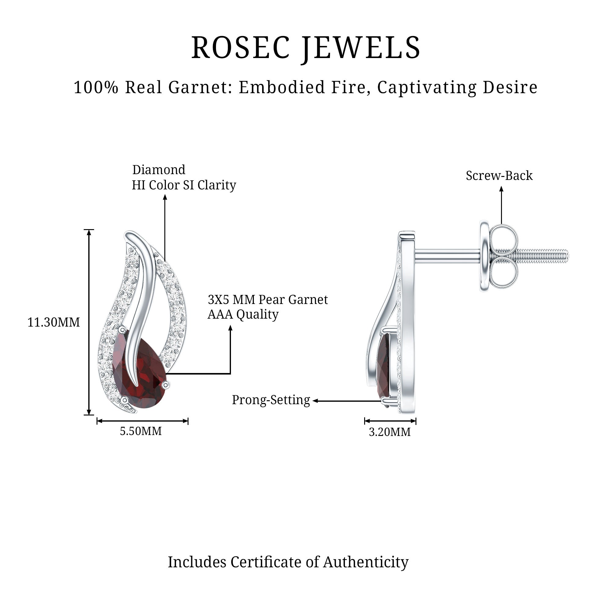 Pear Shape Garnet and Diamond Leaf Stud Earrings AAA - Rosec Jewels