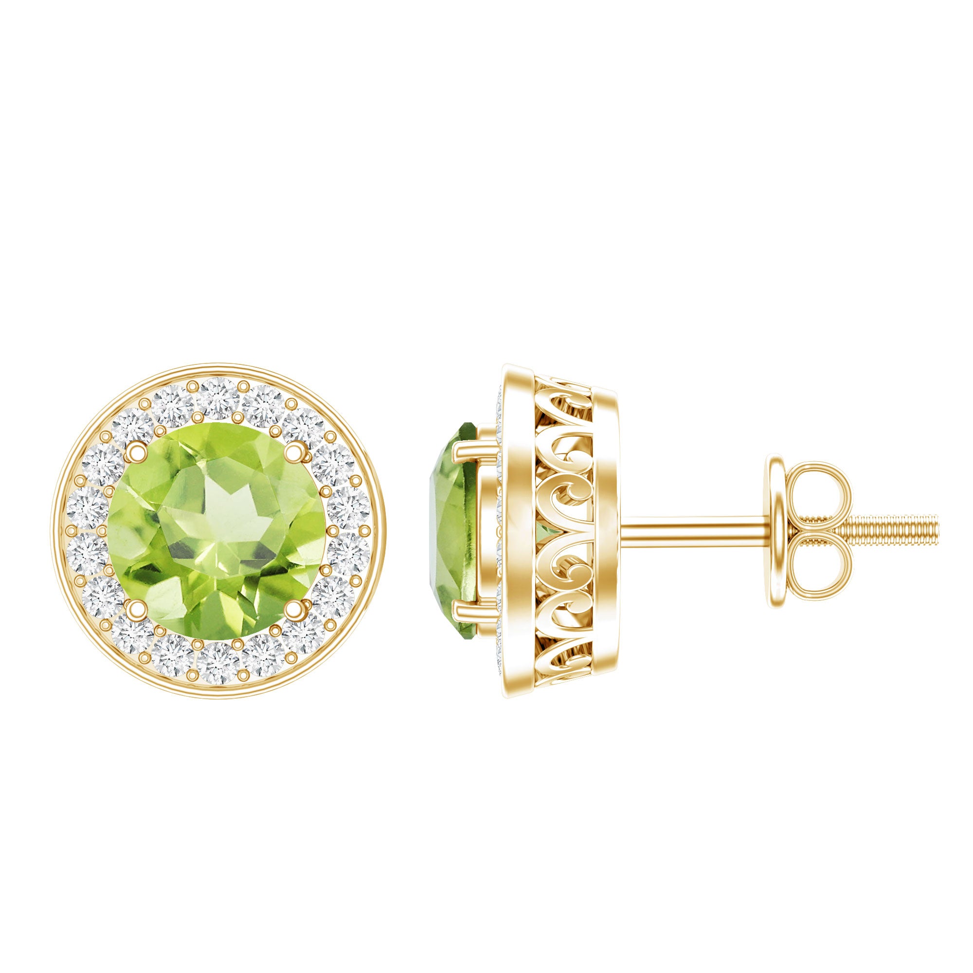 Natural 1.5 Carat Peridot Stud Earrings with Diamond Halo AAA 14K Yellow Gold Plated Silver - Rosec Jewels