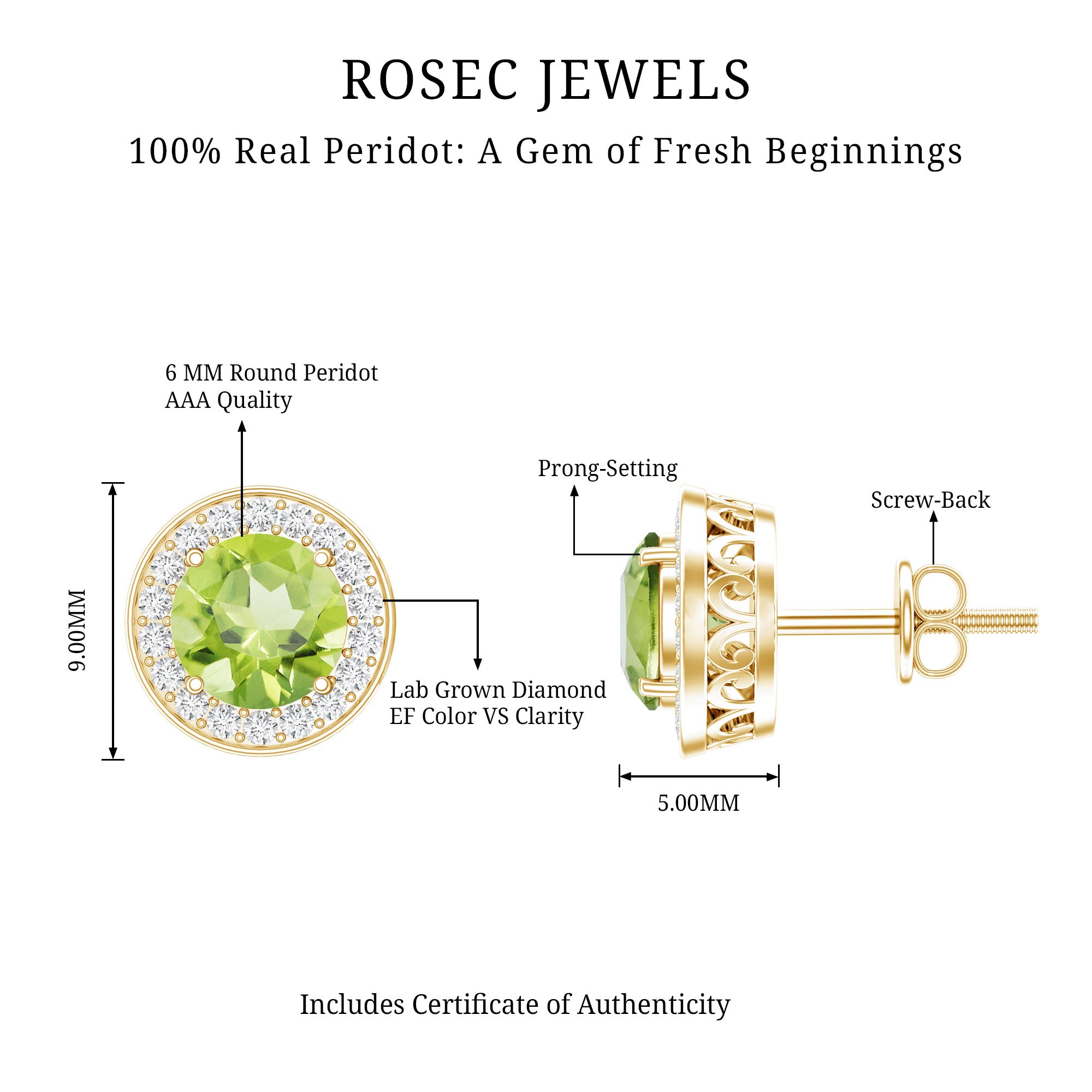 Natural 1.5 Carat Peridot Stud Earrings with Diamond Halo AAA 14K Yellow Gold Plated Silver - Rosec Jewels
