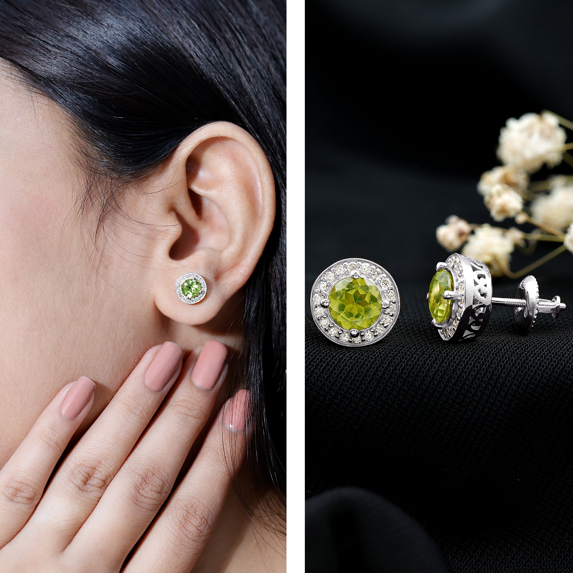Natural 1.5 Carat Peridot Stud Earrings with Diamond Halo AAA 14K Yellow Gold Plated Silver - Rosec Jewels