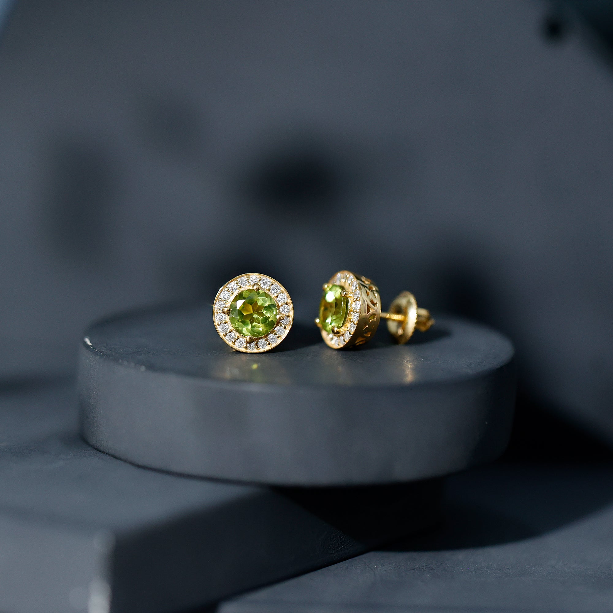 Natural 1.5 Carat Peridot Stud Earrings with Diamond Halo AAA 14K Yellow Gold Plated Silver - Rosec Jewels