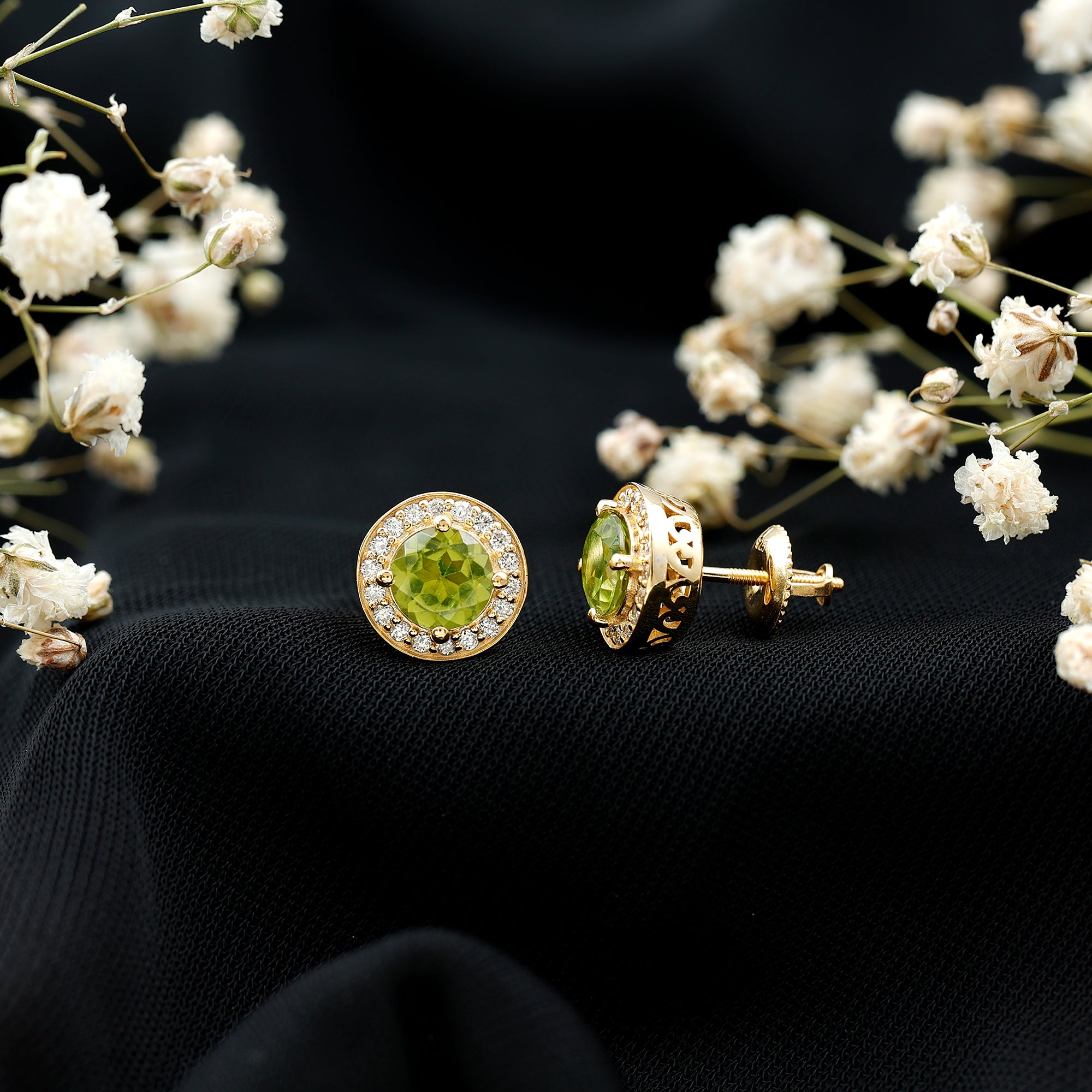 Natural 1.5 Carat Peridot Stud Earrings with Diamond Halo AAA 14K Yellow Gold Plated Silver - Rosec Jewels