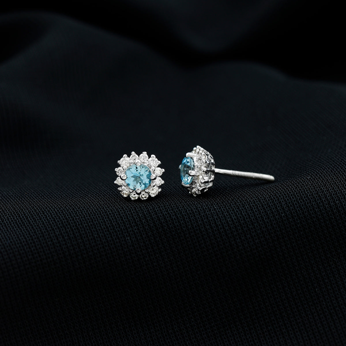 Genuine Aquamarine and Diamond Halo Stud Earrings AAA - Rosec Jewels