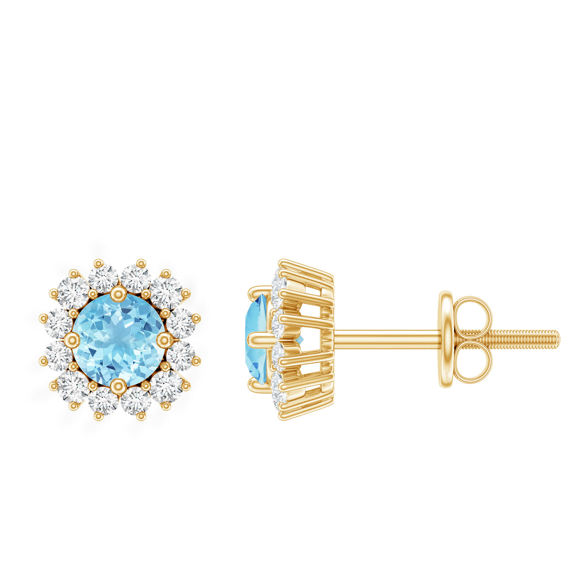 Genuine Aquamarine and Diamond Halo Stud Earrings AAA - Rosec Jewels