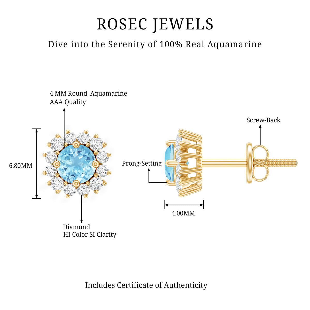 Genuine Aquamarine and Diamond Halo Stud Earrings AAA - Rosec Jewels