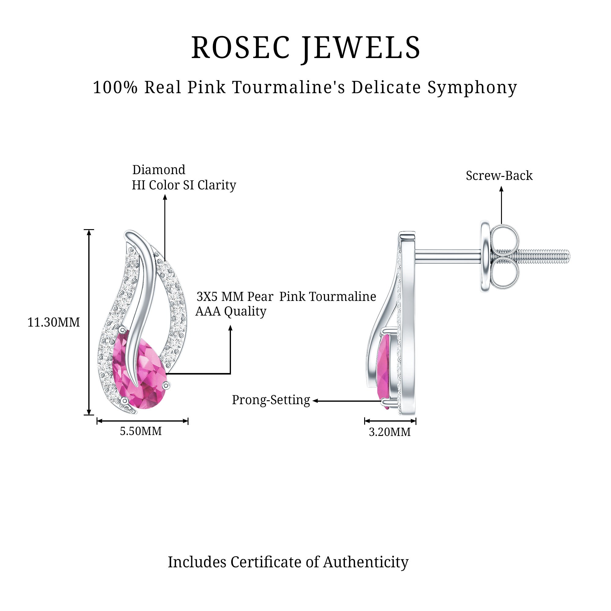 Natural Pink Tourmaline Leaf Earrings with Diamond AAA - Rosec Jewels