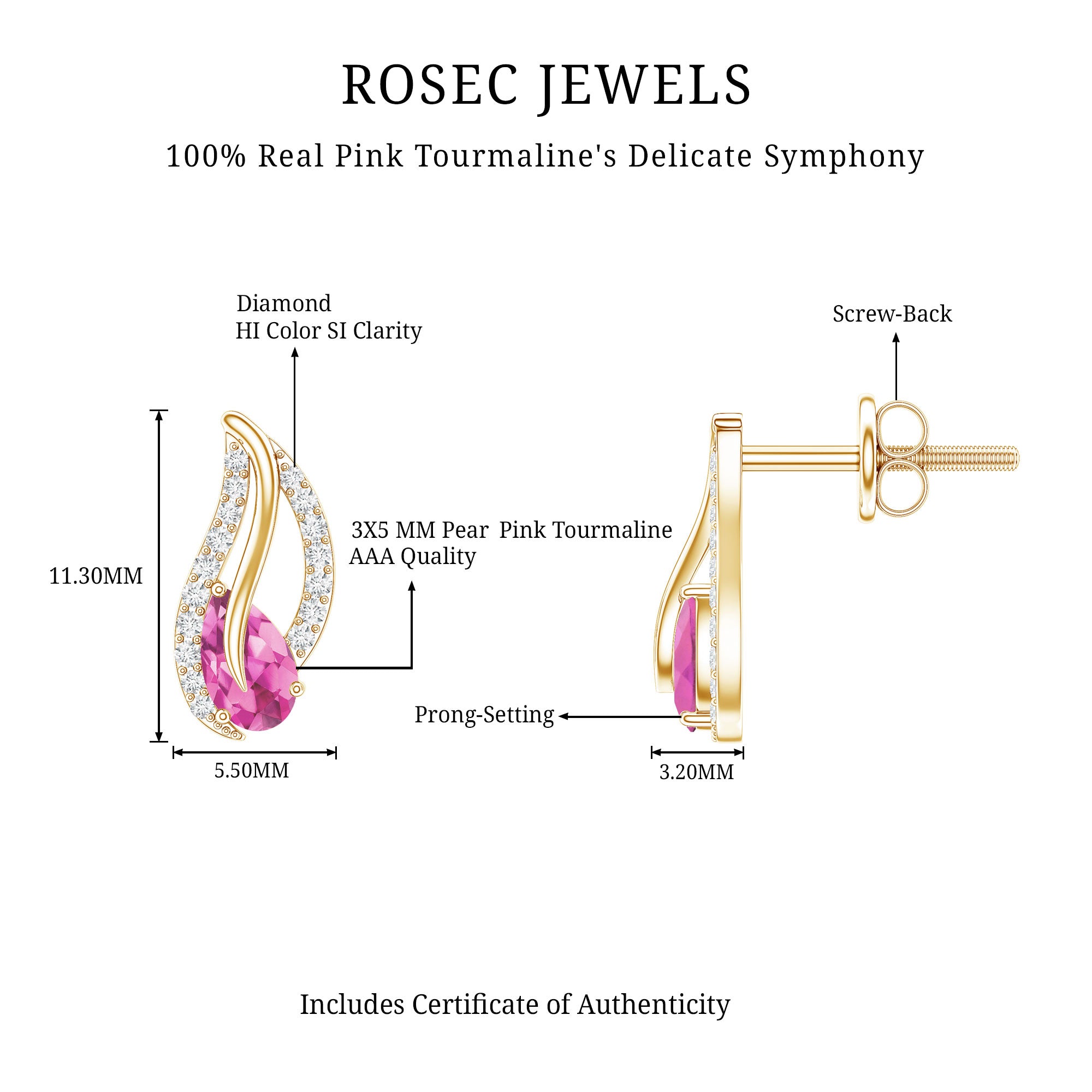 Natural Pink Tourmaline Leaf Earrings with Diamond AAA - Rosec Jewels