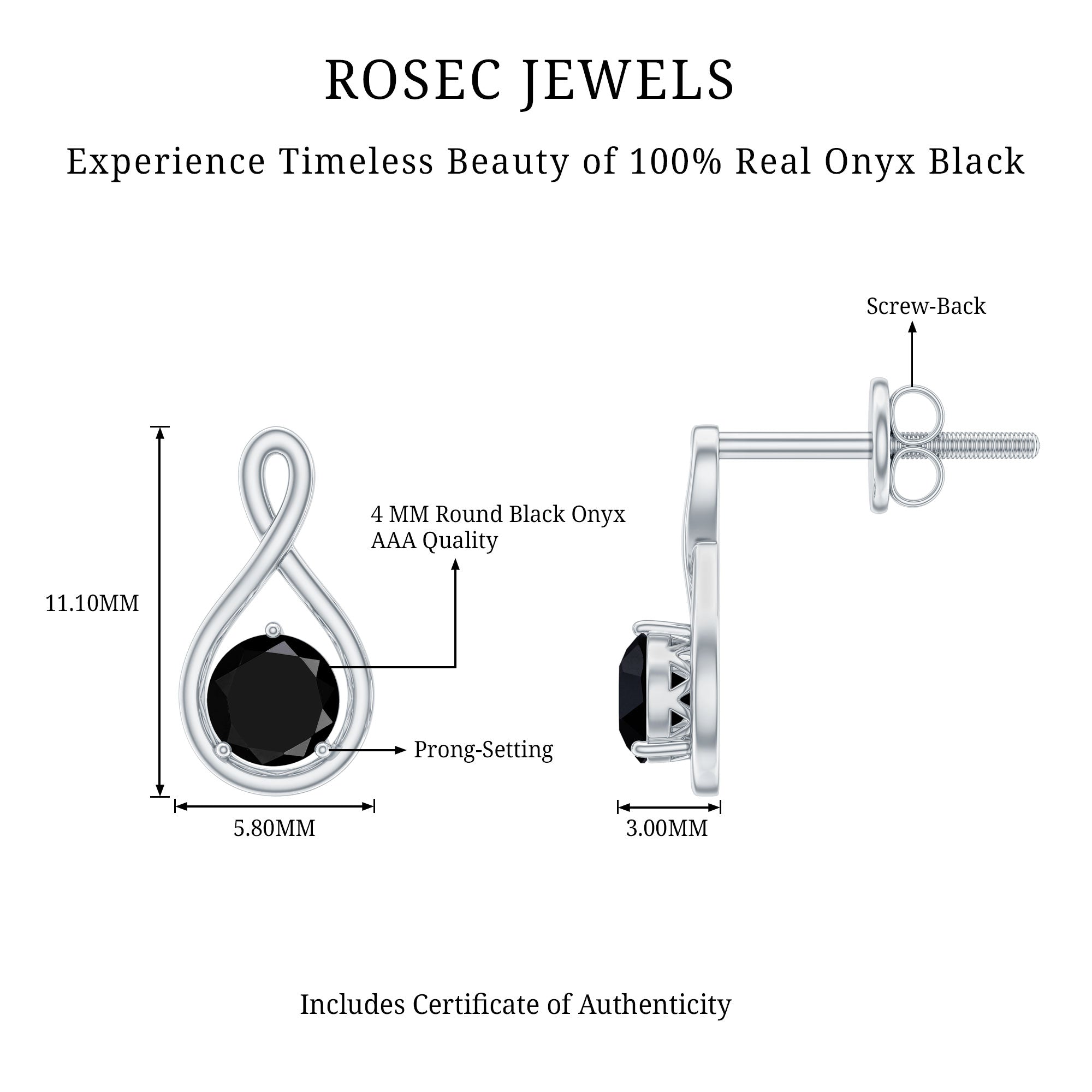 Certified Natural Black Onyx Infinity Earrings with Screw Back AAA - Rosec Jewels