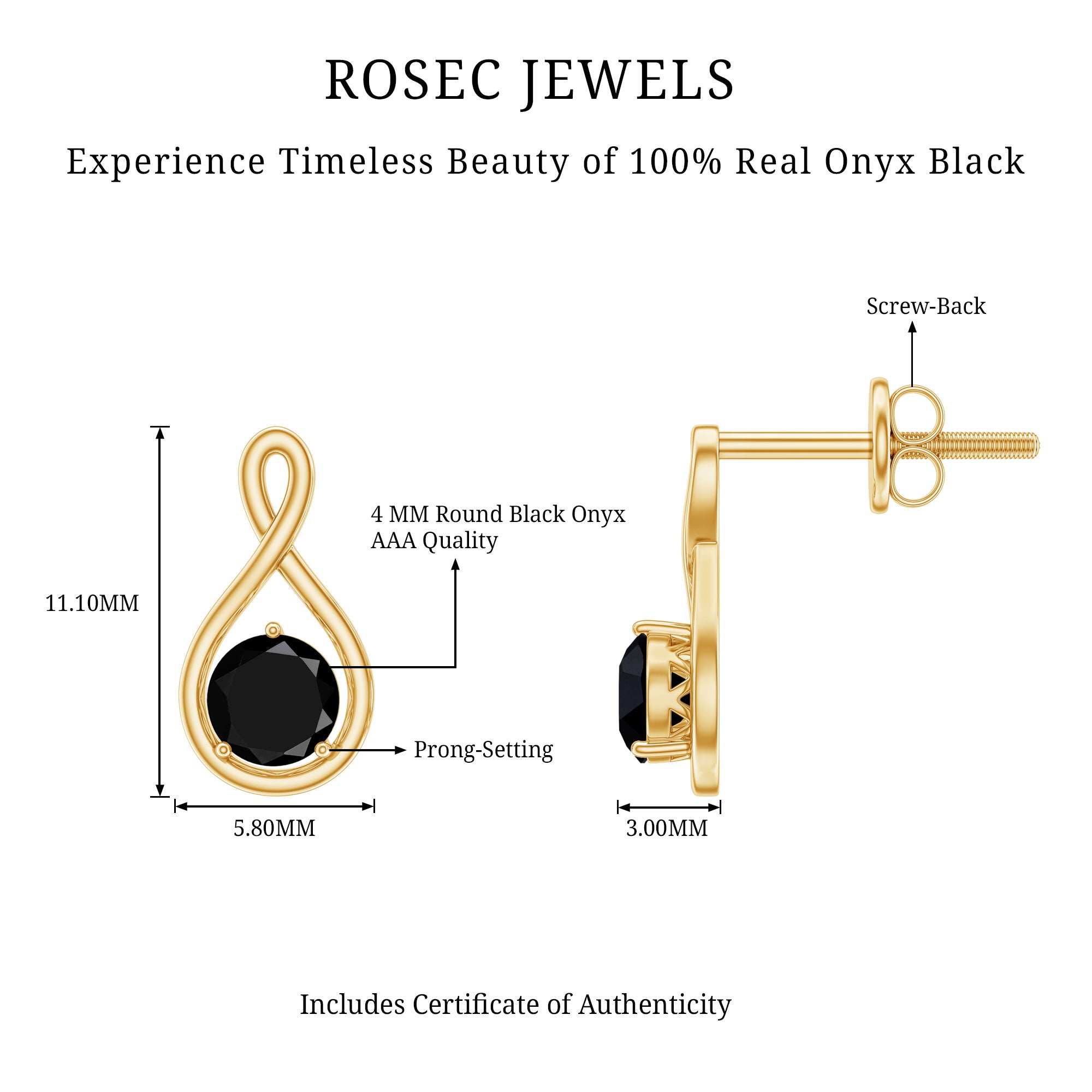 Certified Natural Black Onyx Infinity Earrings with Screw Back AAA - Rosec Jewels