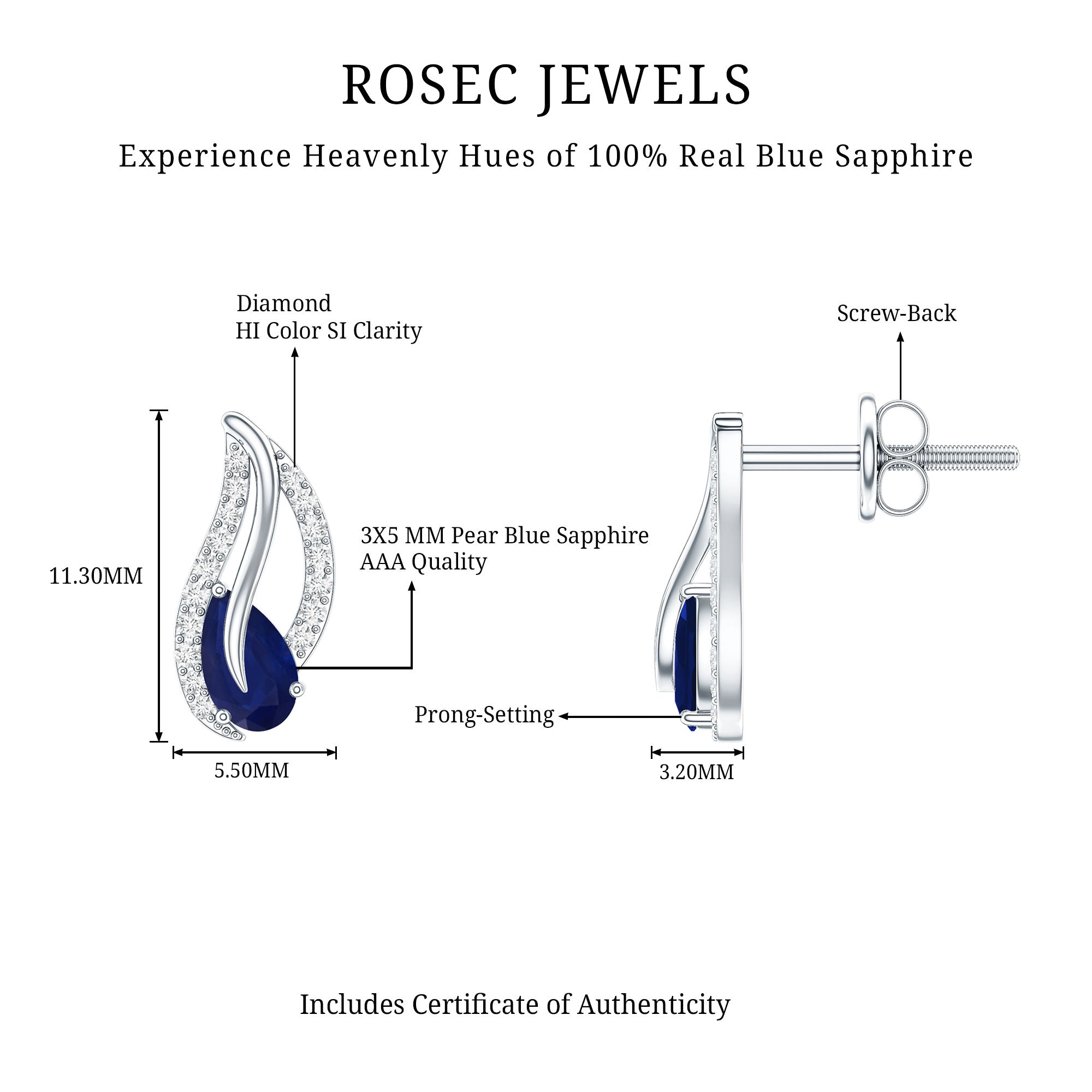 Nature Inspired Blue Sapphire Diamond Leaf Earrings AAA - Rosec Jewels