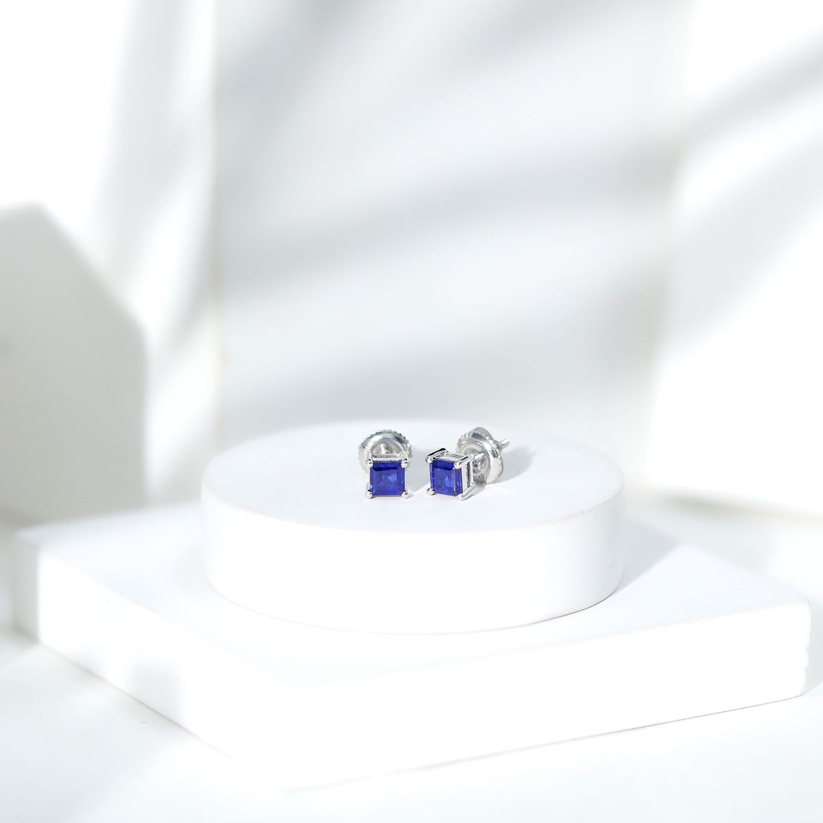 0.9 Carat Solitaire Blue Sapphire Princess Cut Stud Earrings AAA - Rosec Jewels