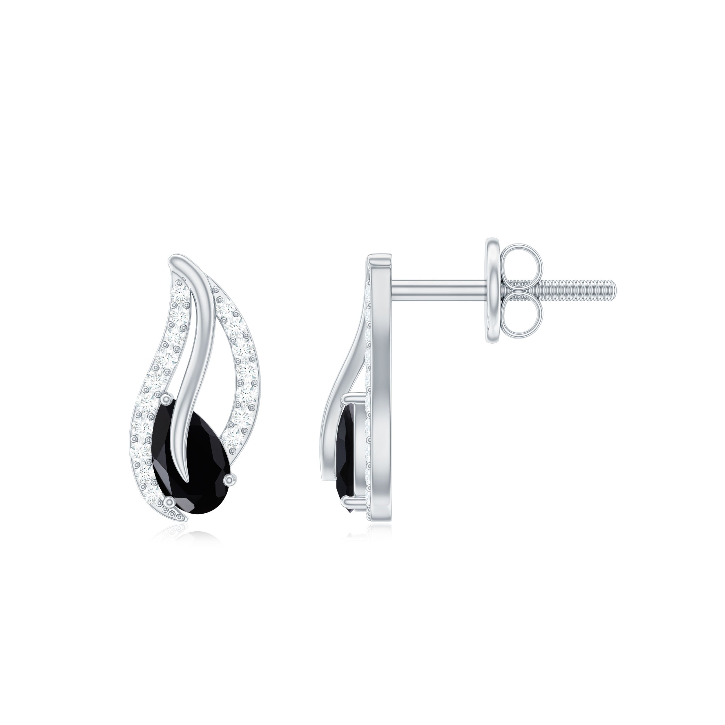 0.50 CT Pear Shape Black Onyx and Moissanite Silver Leaf Stud Earrings Black Onyx - ( AAA ) - Quality 92.5 Sterling Silver - Rosec Jewels