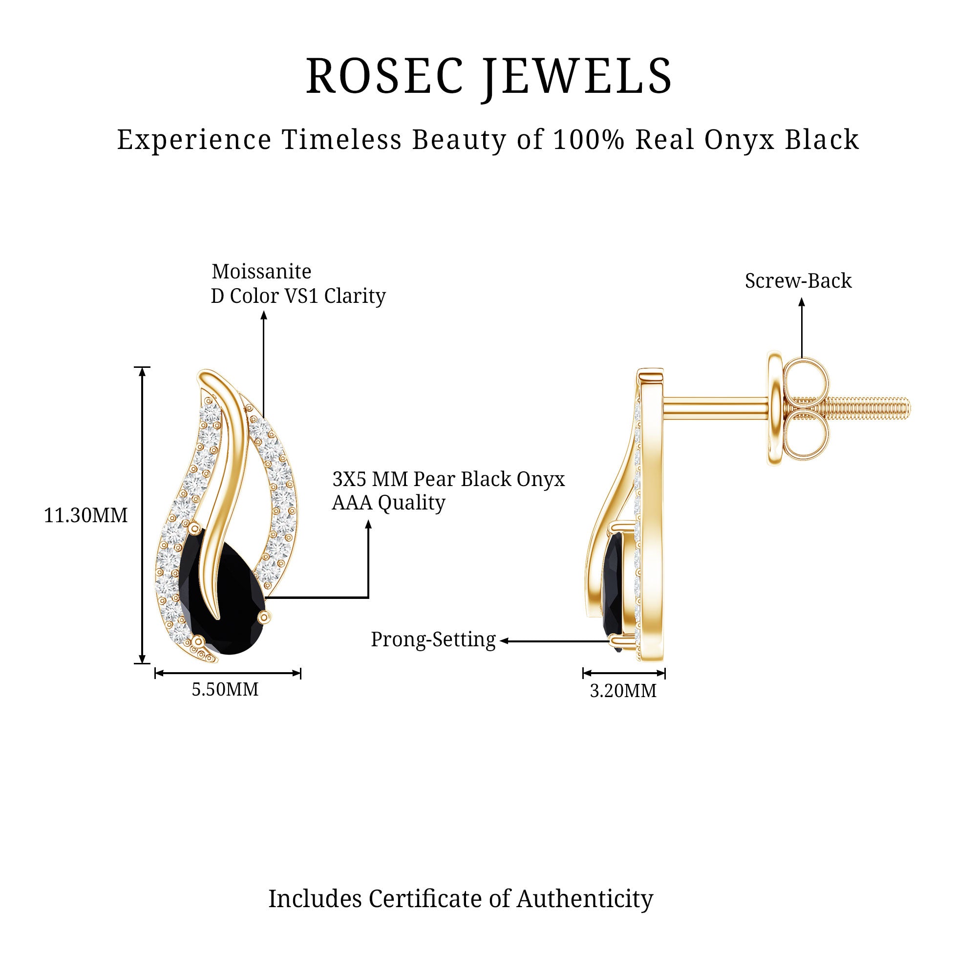Genuine Pear Shape Black Onyx leaf Stud Earrings With Certificate AAA - Rosec Jewels