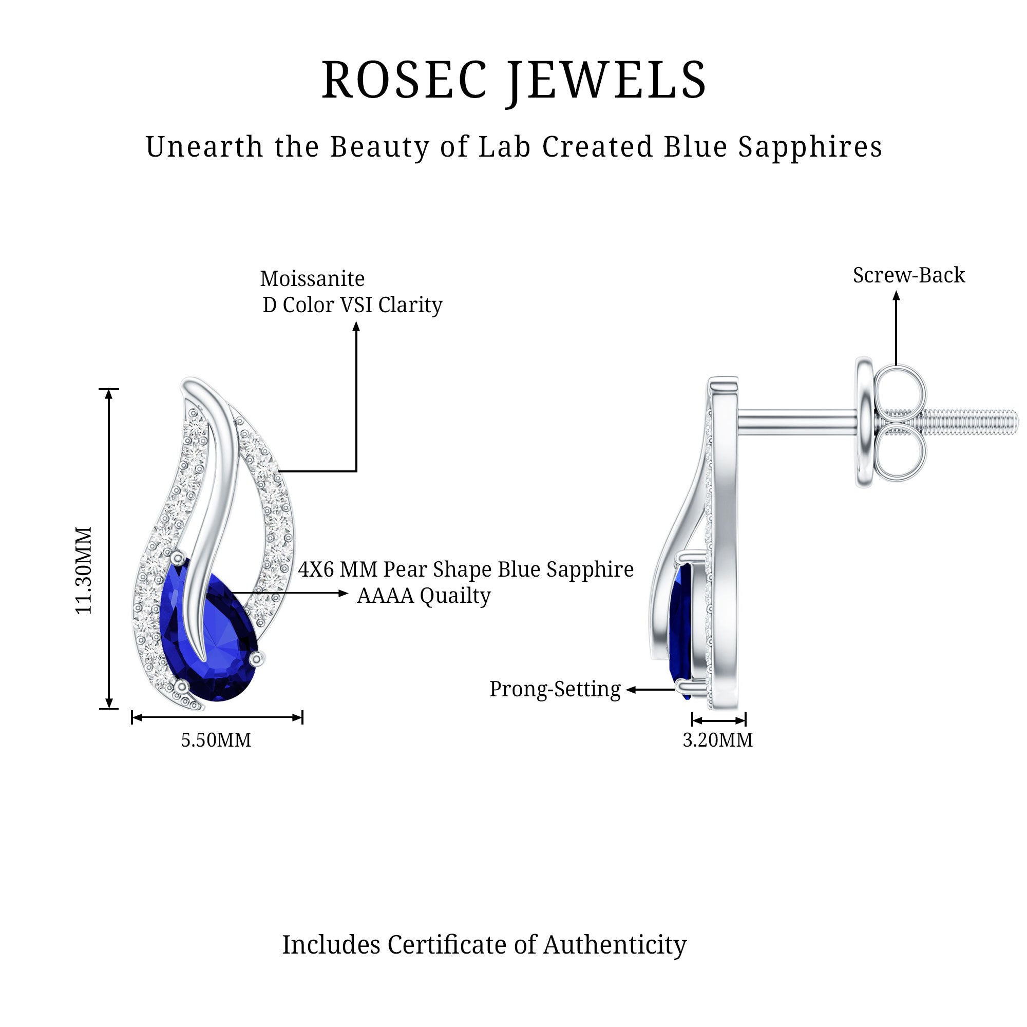 1 Carat Lab Grown Blue Sapphire Leaf Earrings with Moissanite AAAA 92.5 Sterling Silver - Rosec Jewels