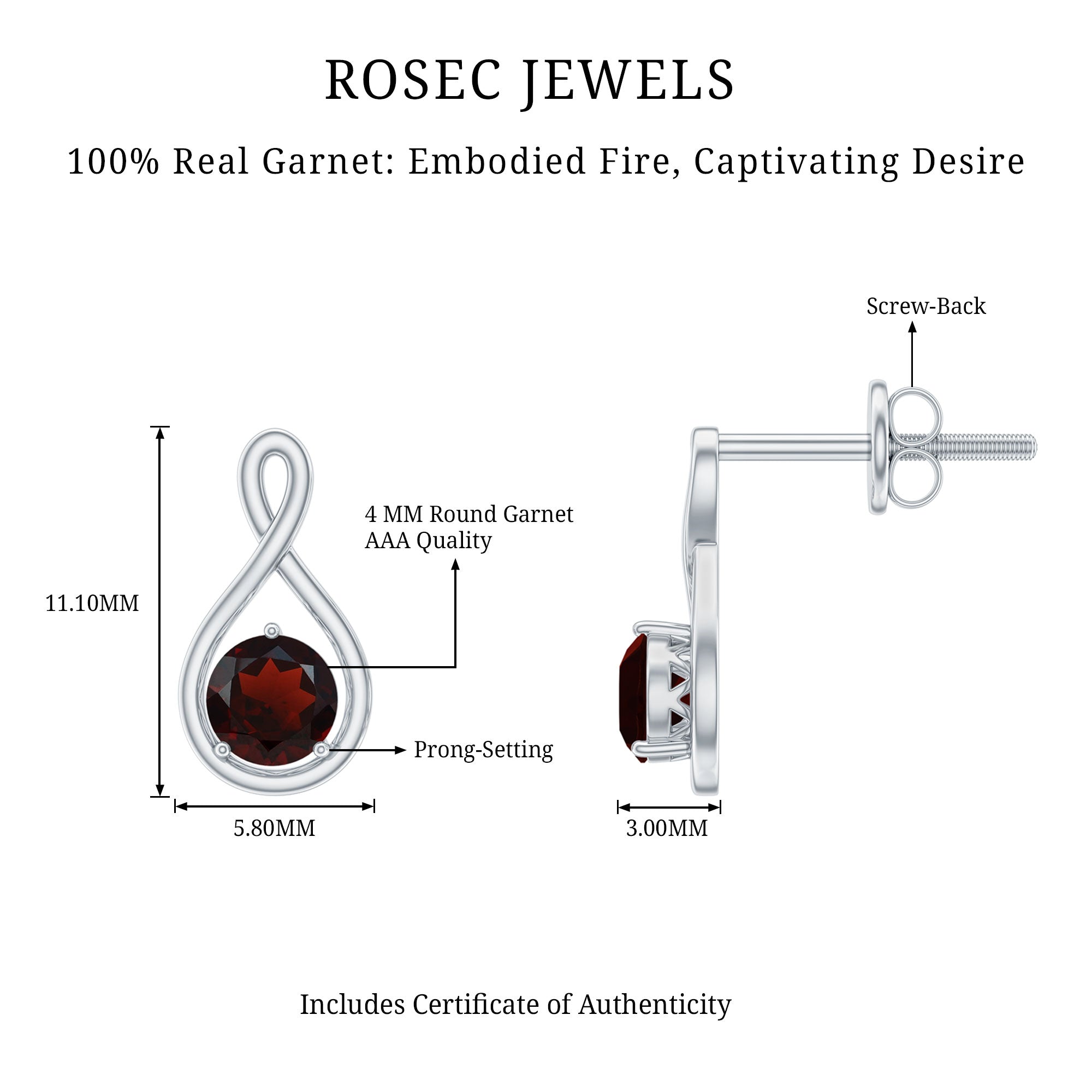 0.6 Carat Round Shaped Garnet Infinity Stud Earrings AAA - Rosec Jewels