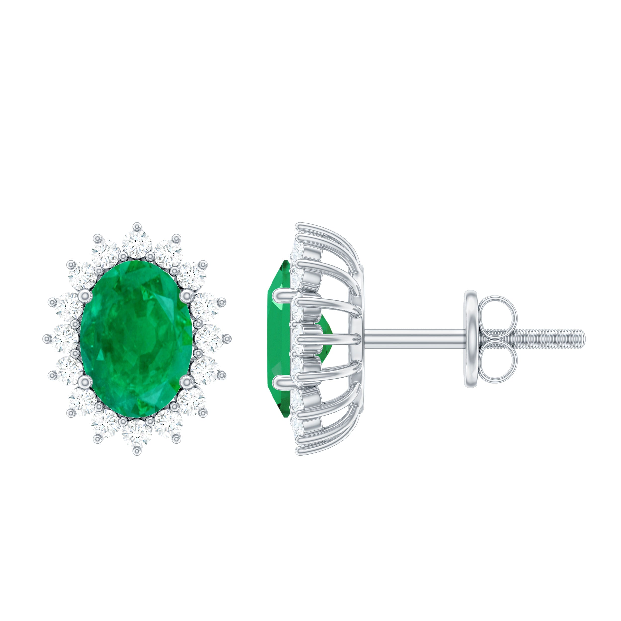 Natural 0.8 Carat Oval Cut Emerald and Diamond Earrings