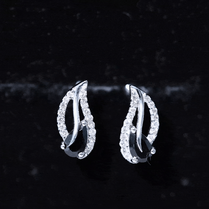 Pear Shape Black Spinel and Diamond Leaf Stud Earrings AAA - Rosec Jewels