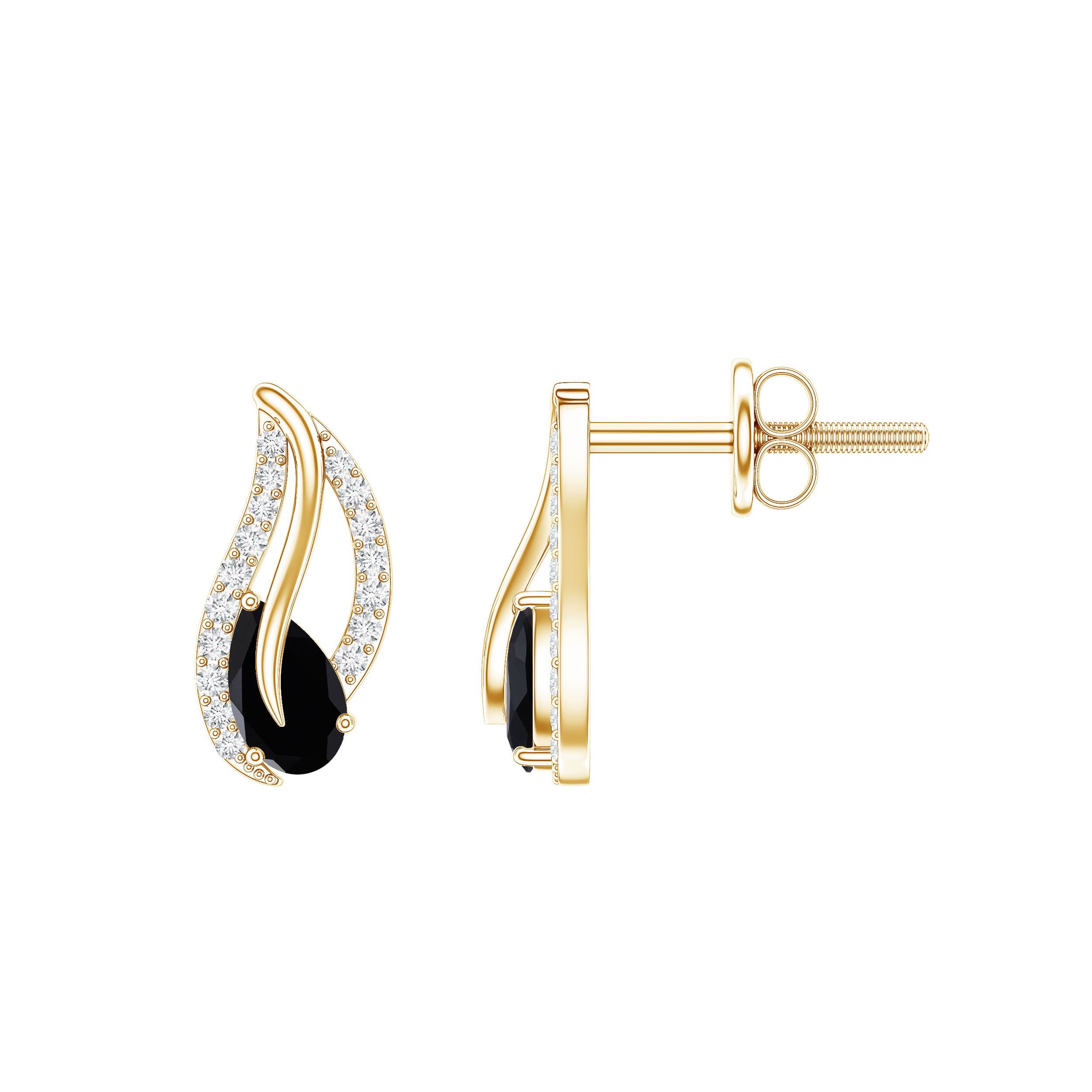 Pear Shape Black Spinel and Diamond Leaf Stud Earrings AAA - Rosec Jewels