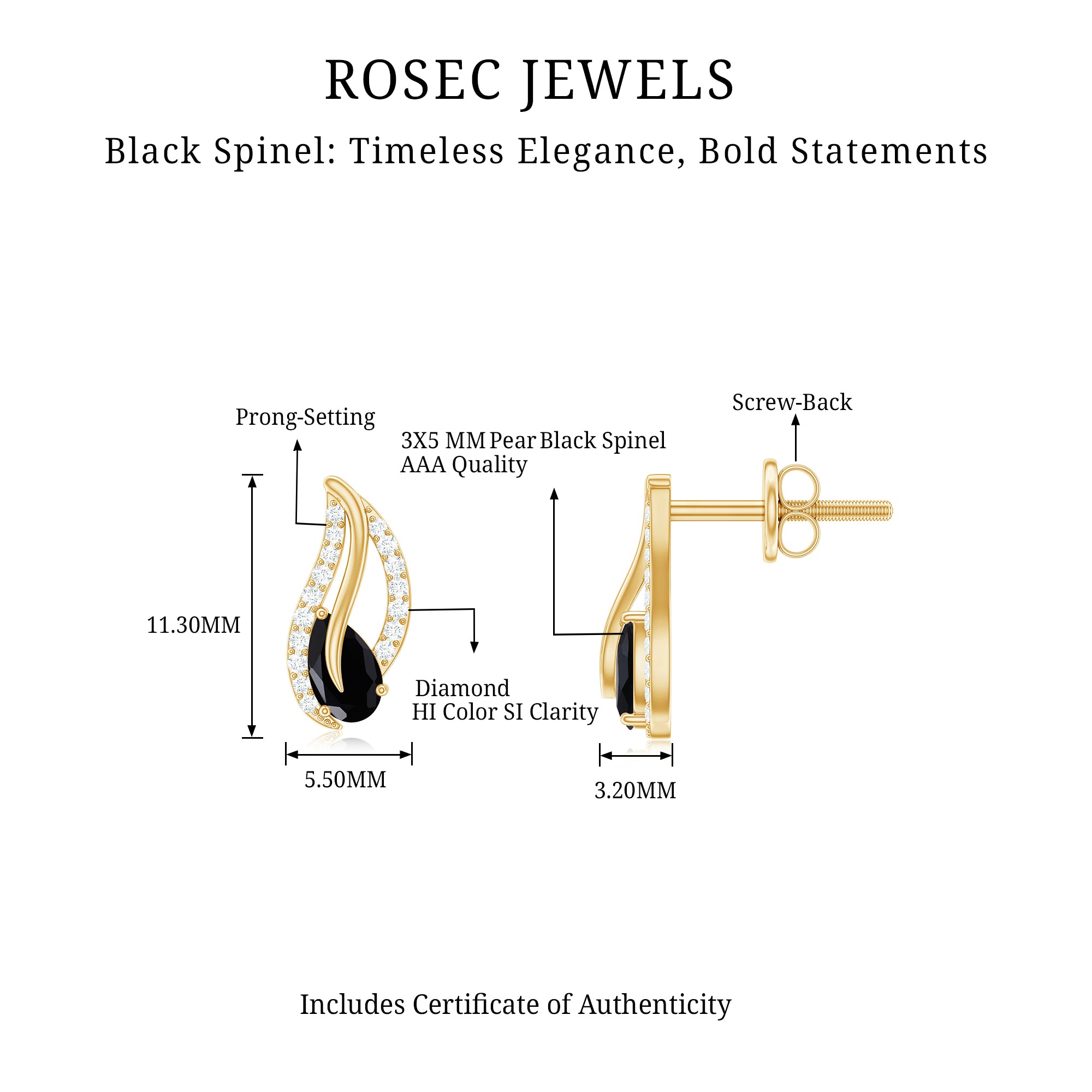 Pear Shape Black Spinel and Diamond Leaf Stud Earrings AAA - Rosec Jewels
