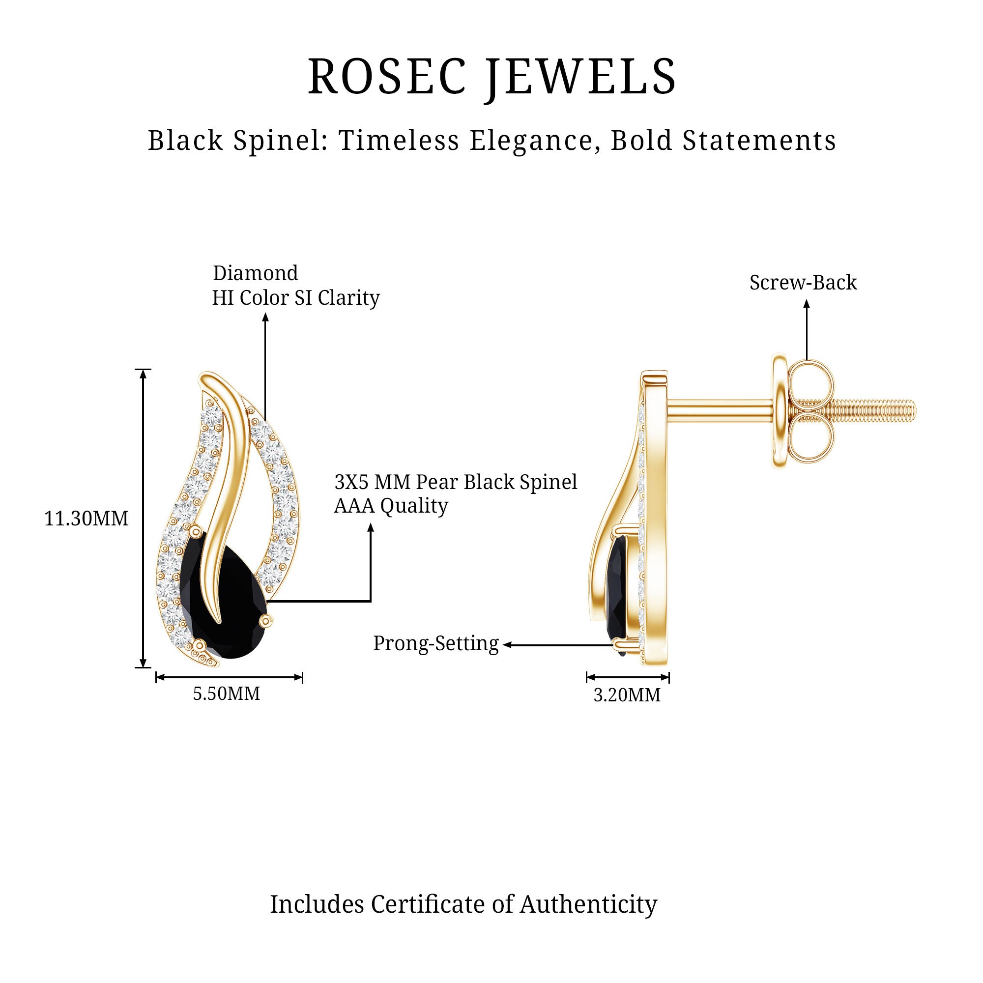 Pear Shape Black Spinel and Diamond Leaf Stud Earrings AAA - Rosec Jewels
