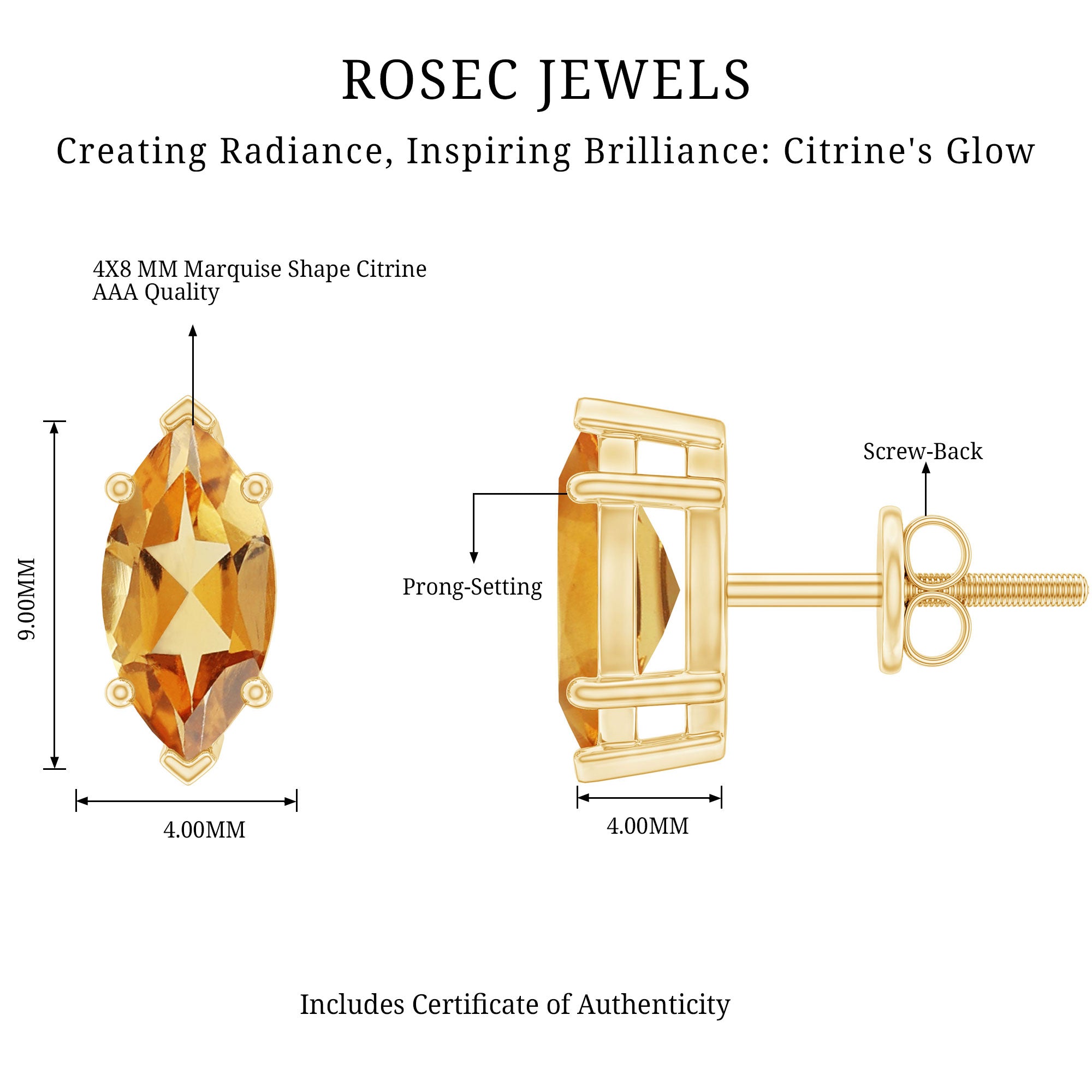 Natural 1.48 Carat Marquise Cut Citrine Stud Earrings AAA 14K Yellow Gold Plated Silver - Rosec Jewels