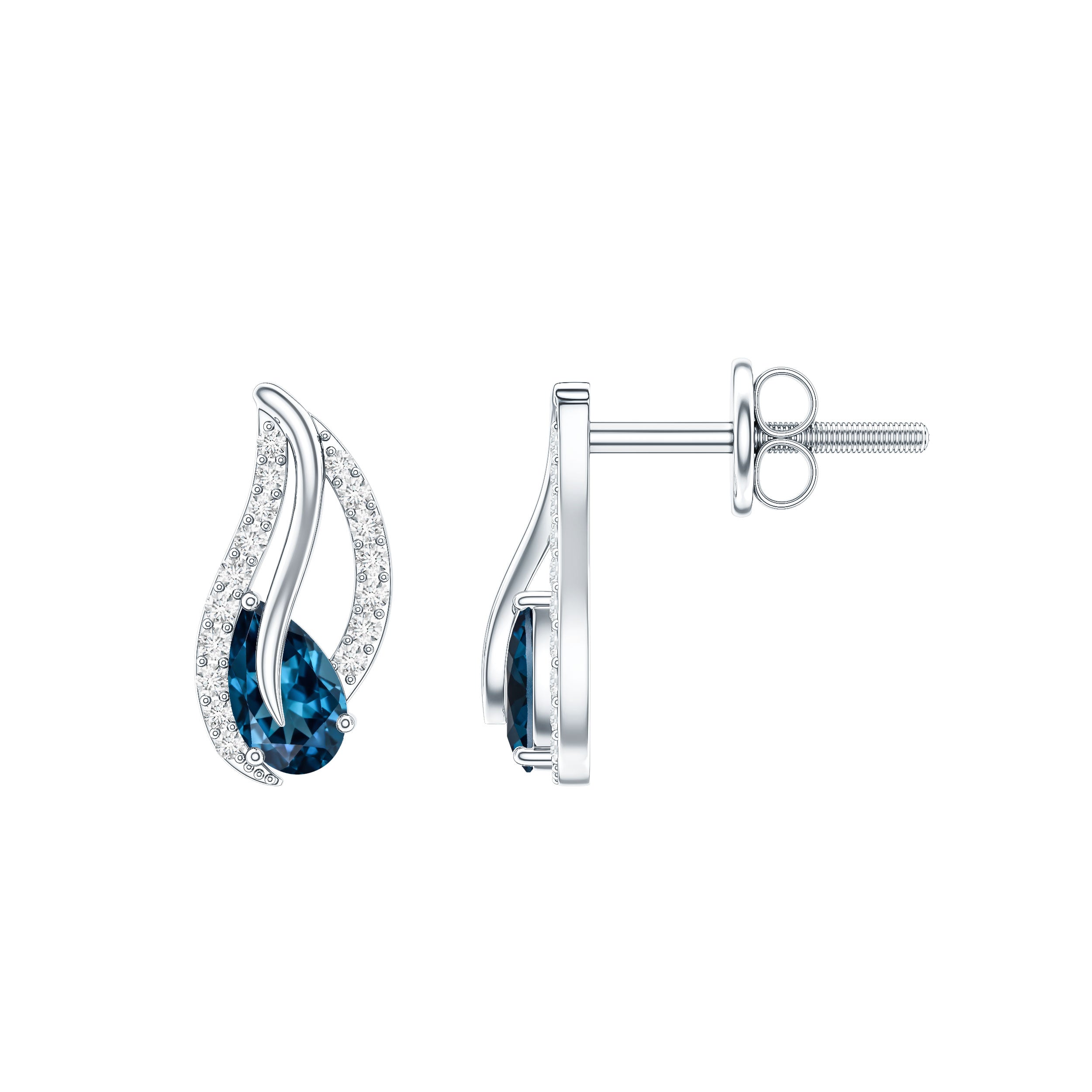 Pear Shape London Blue Topaz and Diamond Leaf Stud Earrings AAA - Rosec Jewels