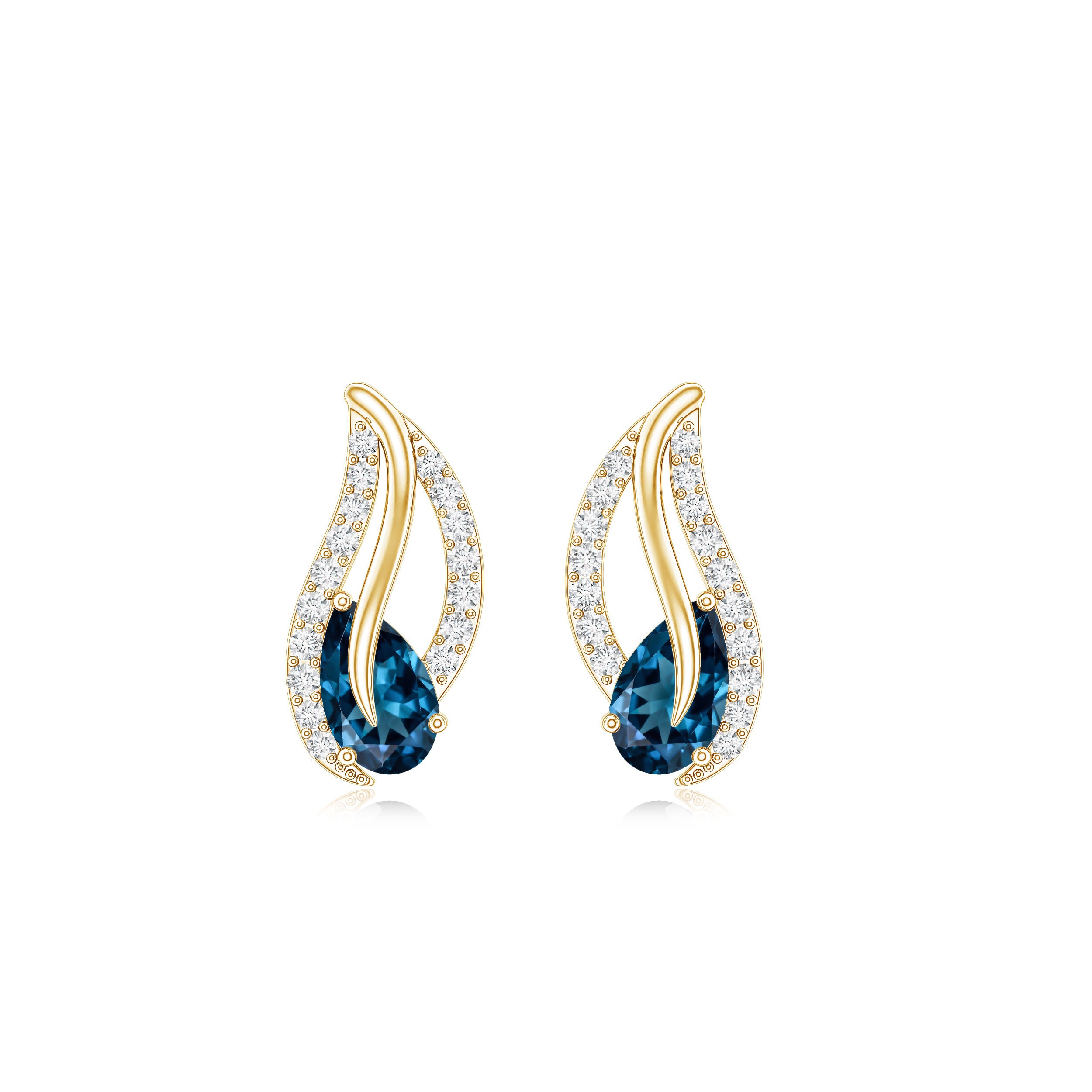 Pear Shape London Blue Topaz and Diamond Leaf Stud Earrings AAA - Rosec Jewels