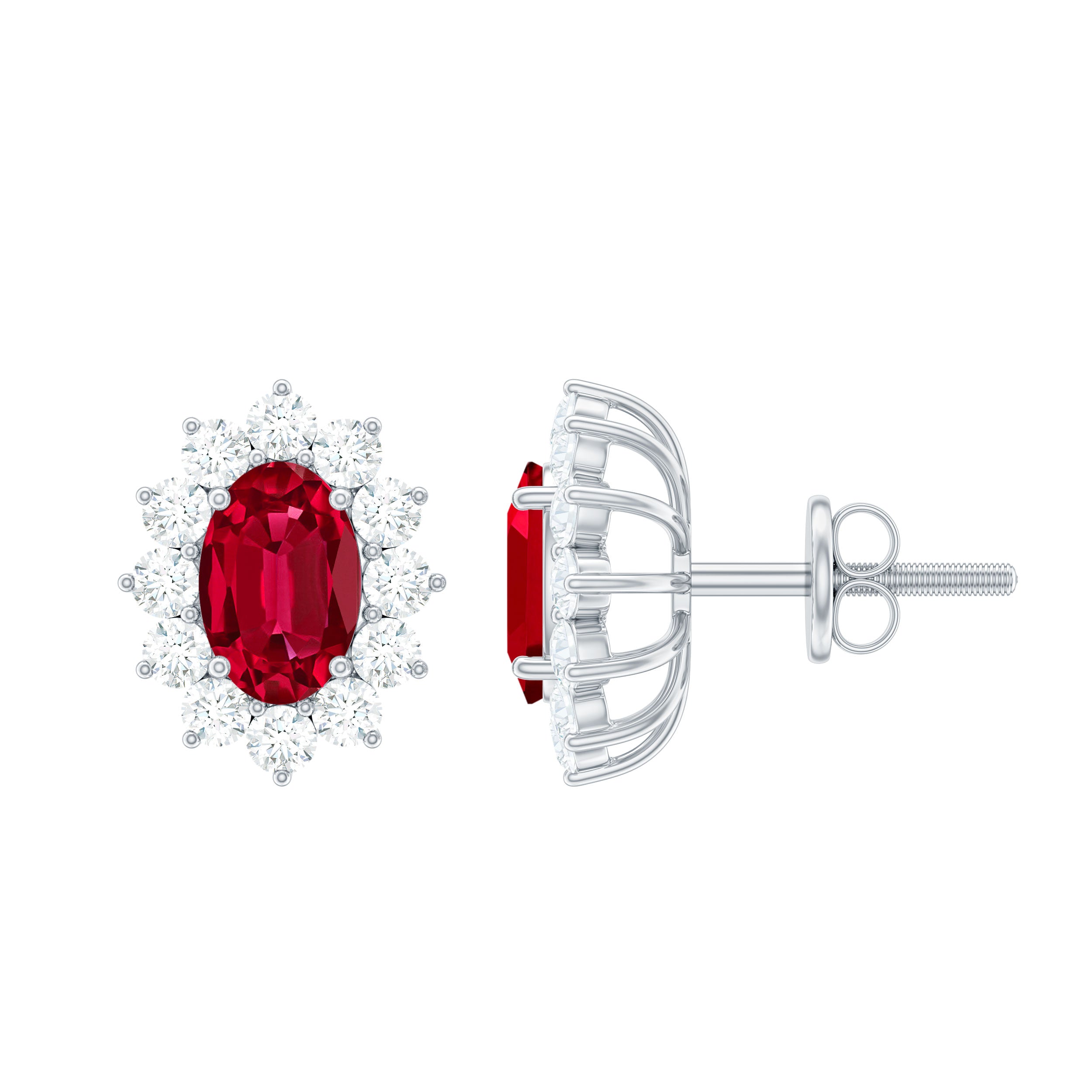 Classic Created Ruby Halo Stud Earrings with Diamond Lab Created Ruby - ( AAAA ) - Quality - Rosec Jewels