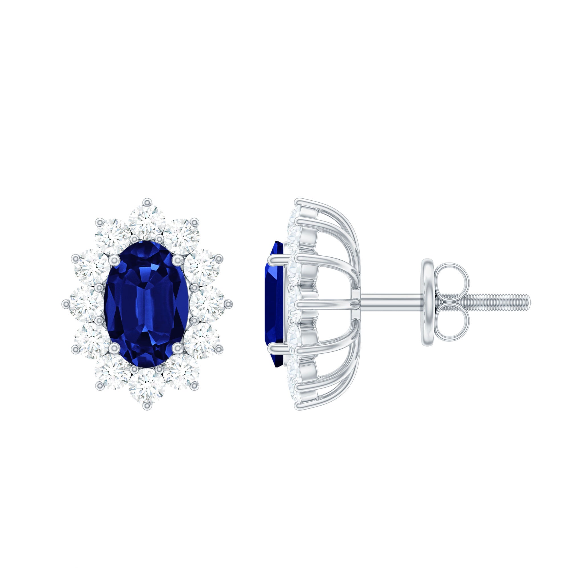 Oval Shaped Lab Grown Blue Sapphire and Diamond Halo Stud Earrings AAAA - Rosec Jewels