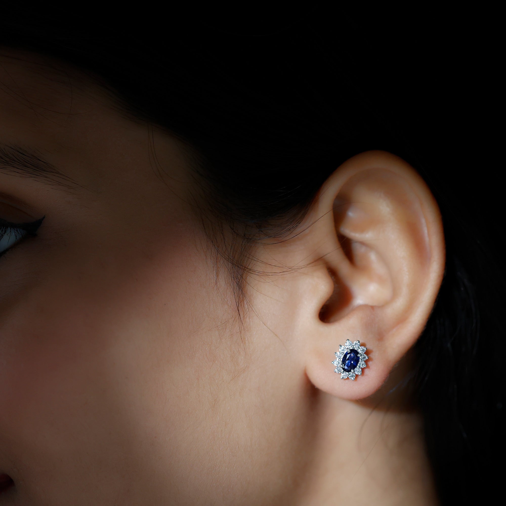 Oval Shaped Lab Grown Blue Sapphire and Diamond Halo Stud Earrings AAAA - Rosec Jewels