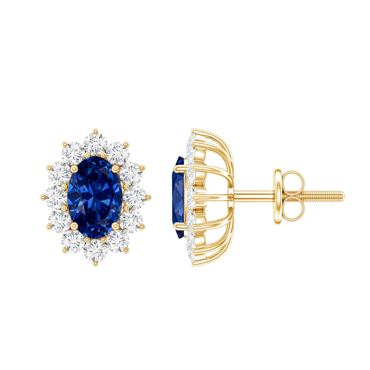 Rosec Jewels-Oval Shaped Lab Grown Blue Sapphire and Diamond Halo Stud Earrings