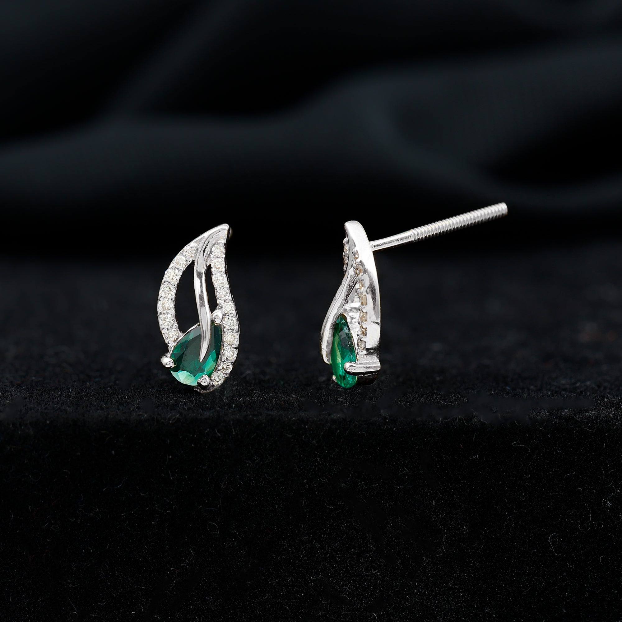 Lab Created Emerald and Diamond Leaf Stud Earrings AAAA - Rosec Jewels