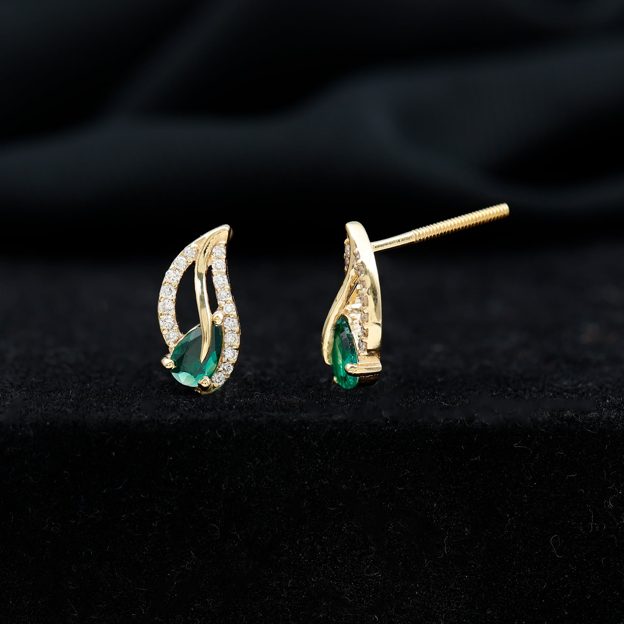 Lab Created Emerald and Diamond Leaf Stud Earrings AAAA - Rosec Jewels