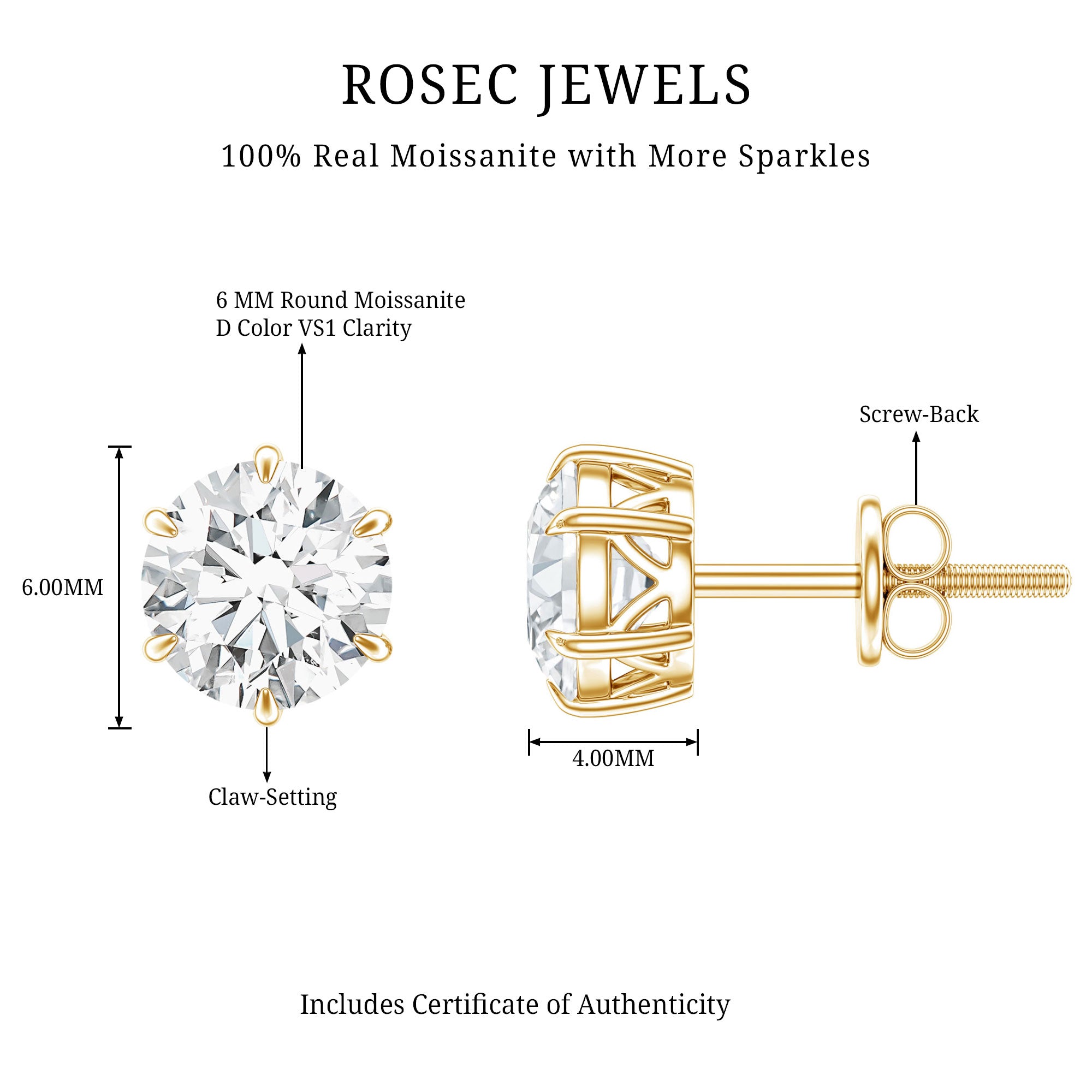 Claw Set Moissanite Solitaire Stud Earrings with Screw Backs D-VS1 - Rosec Jewels