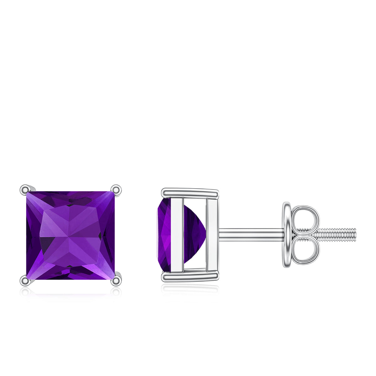 Natural Amethyst Princess Cut Earrings with Screw Back AAA - Rosec Jewels