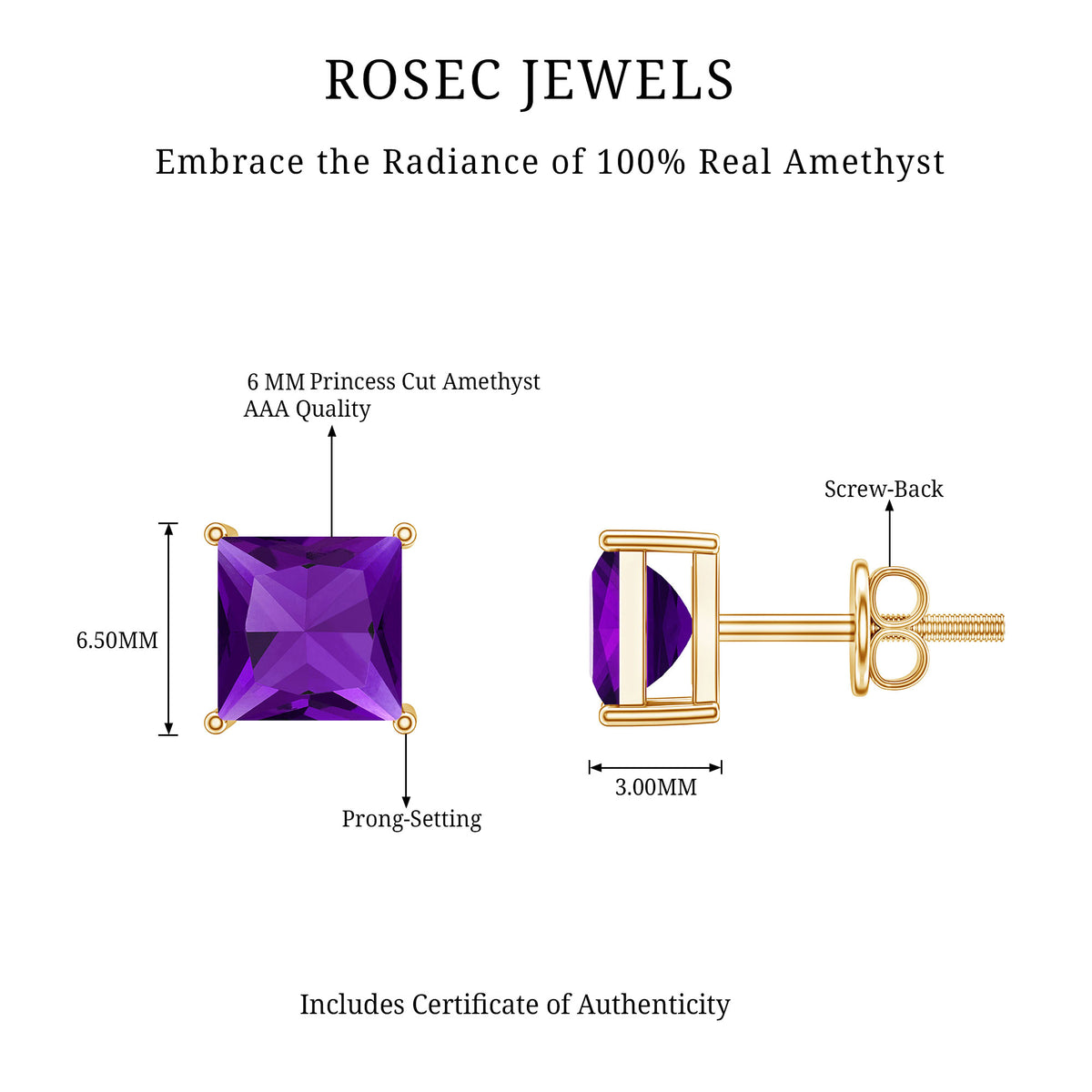 Natural Amethyst Princess Cut Earrings with Screw Back AAA - Rosec Jewels