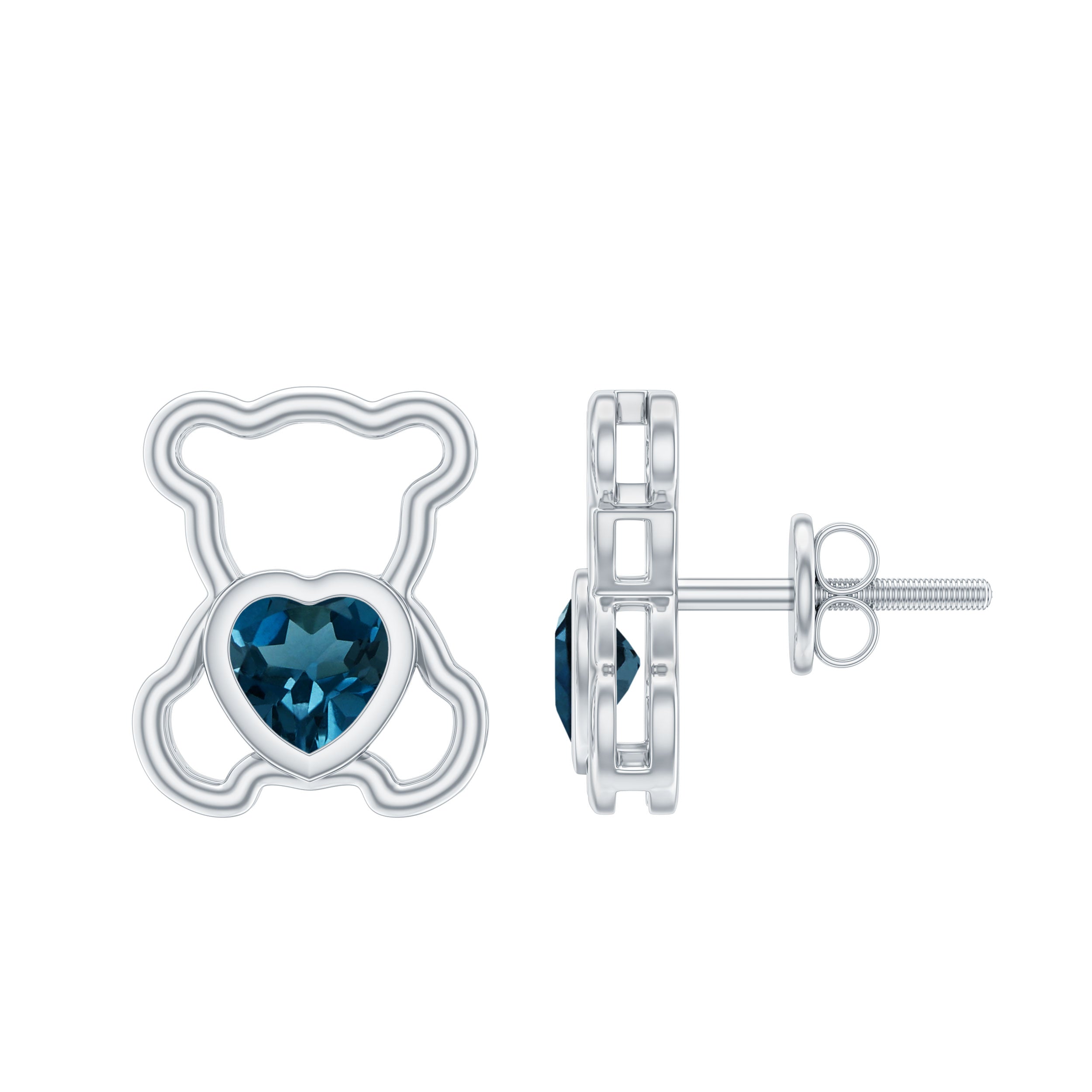 1/2 CT Heart Shape London Blue Topaz Teddy Bear Earrings