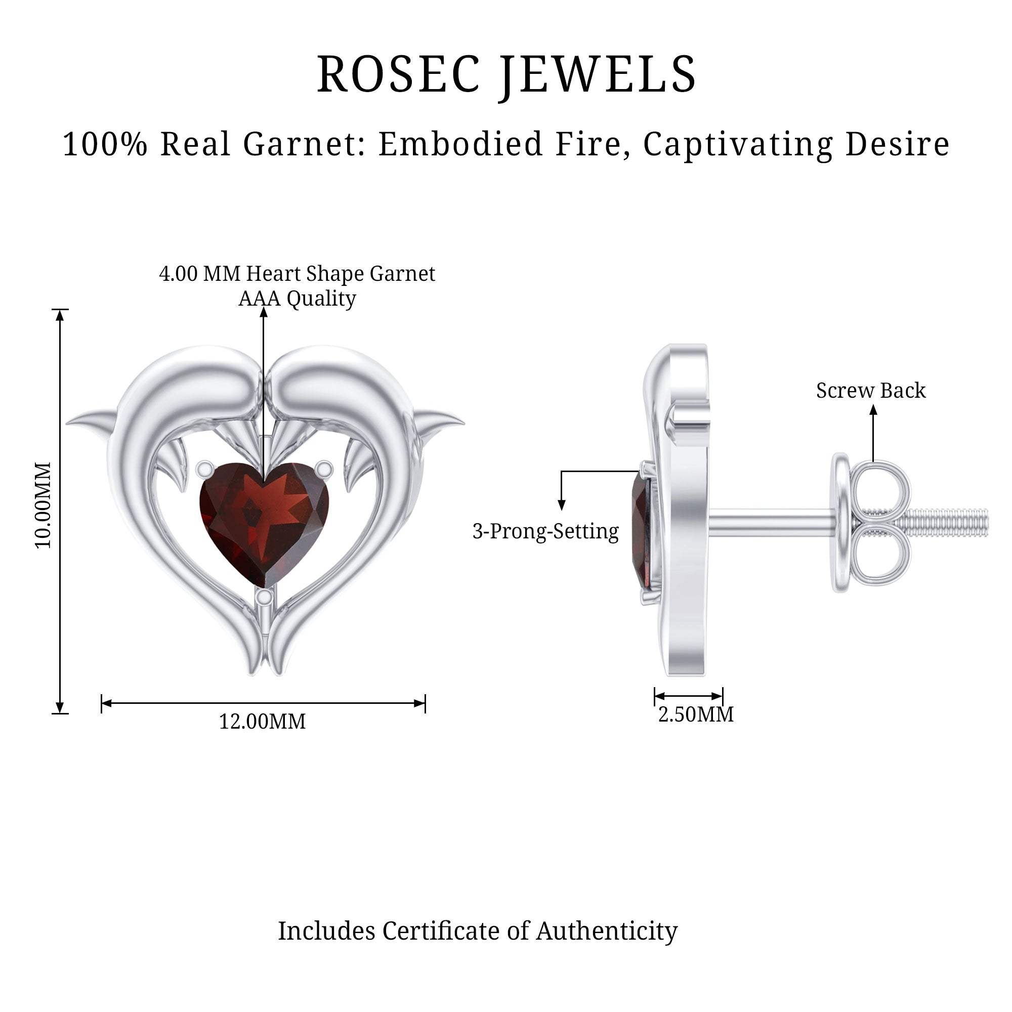 Heart Shape Garnet Kissing Dolphin Stud Earrings AAA - Rosec Jewels
