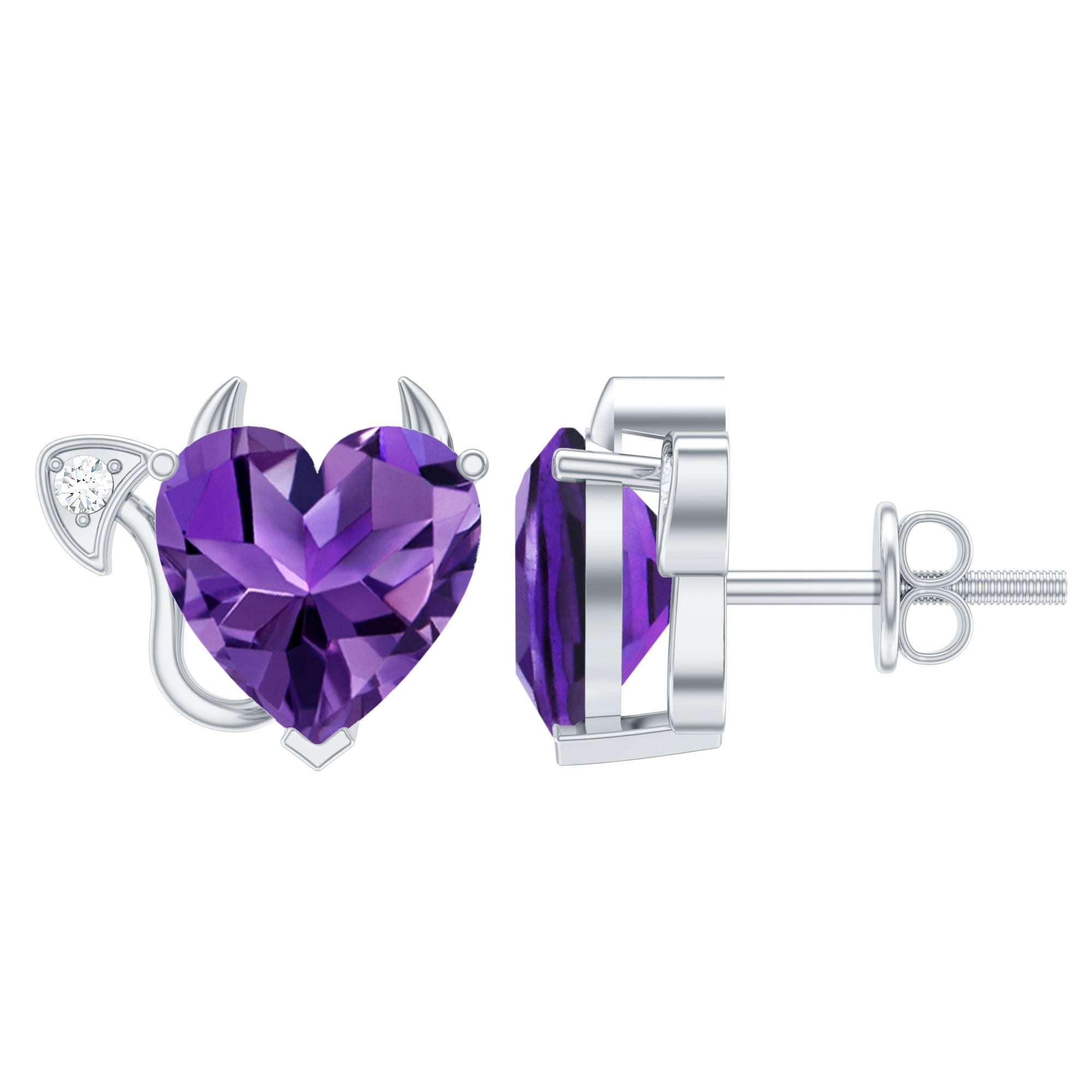 Heart Shape Amethyst and Diamond Gothic Stud Earrings