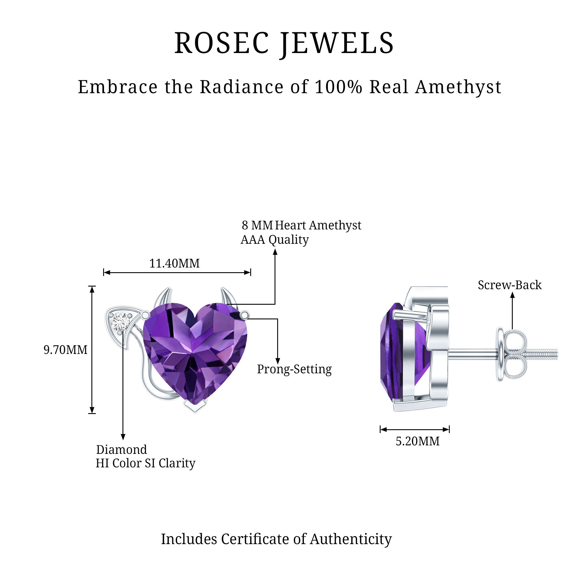 Heart Shape Amethyst and Diamond Gothic Stud Earrings AAA - Rosec Jewels