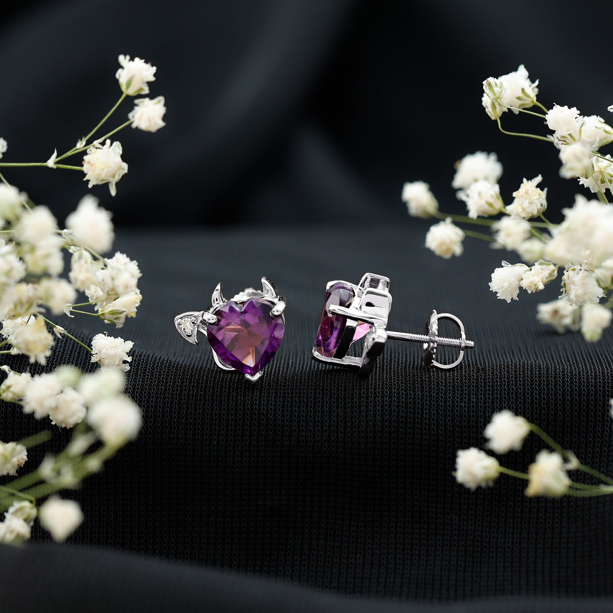 Heart Shape Amethyst and Diamond Gothic Stud Earrings AAA - Rosec Jewels