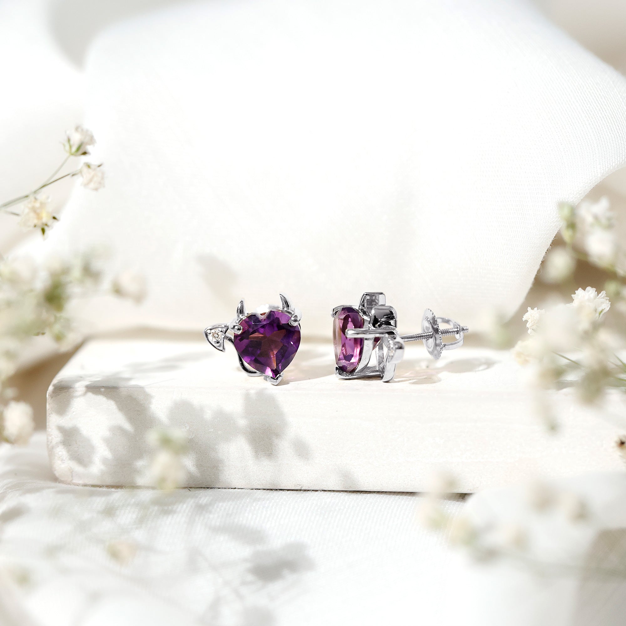Heart Shape Amethyst and Diamond Gothic Stud Earrings AAA - Rosec Jewels