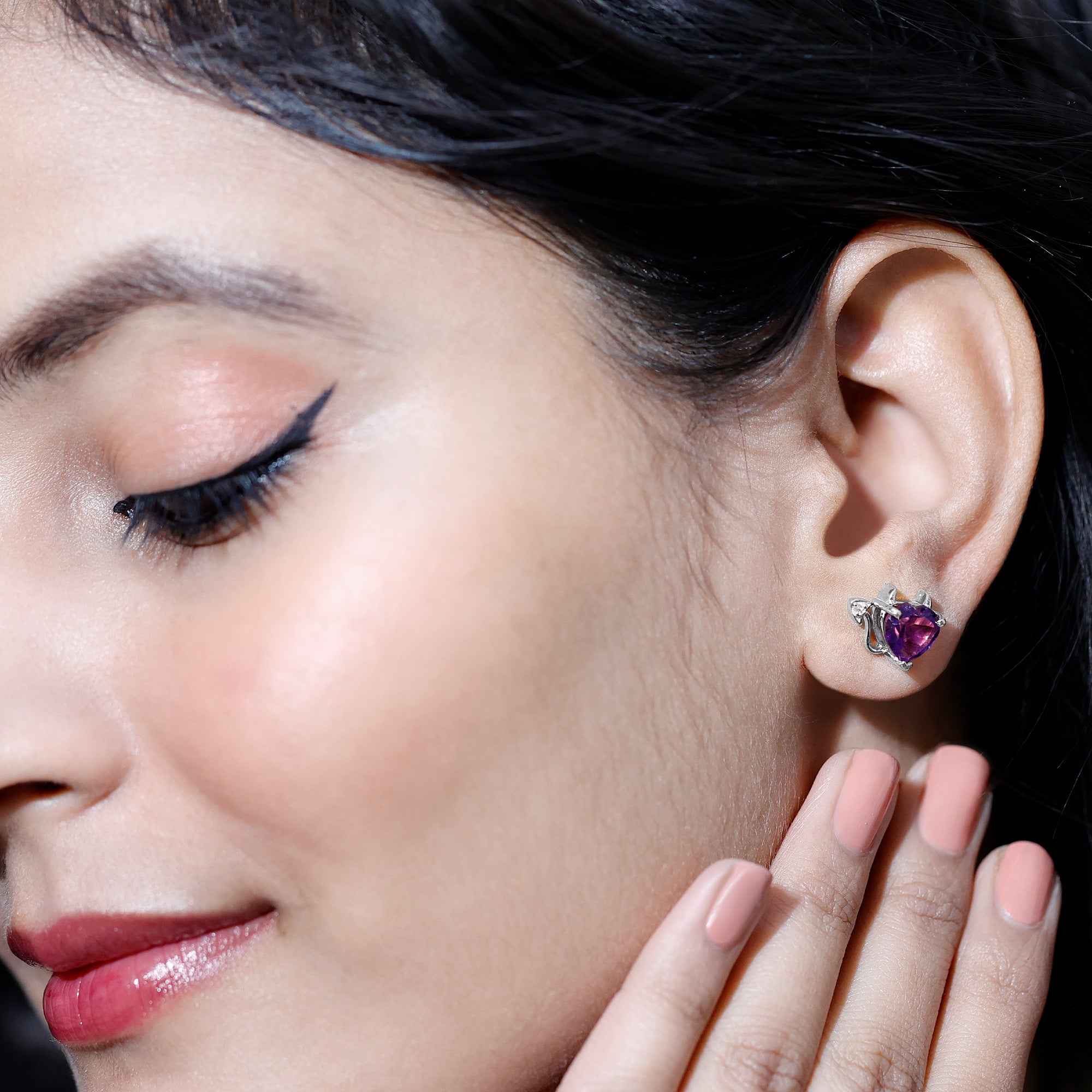 Heart Shape Amethyst and Diamond Gothic Stud Earrings AAA - Rosec Jewels
