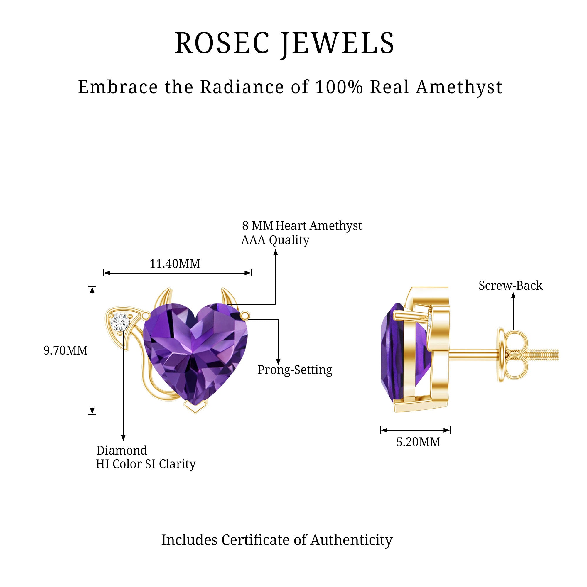 Heart Shape Amethyst and Diamond Gothic Stud Earrings AAA - Rosec Jewels