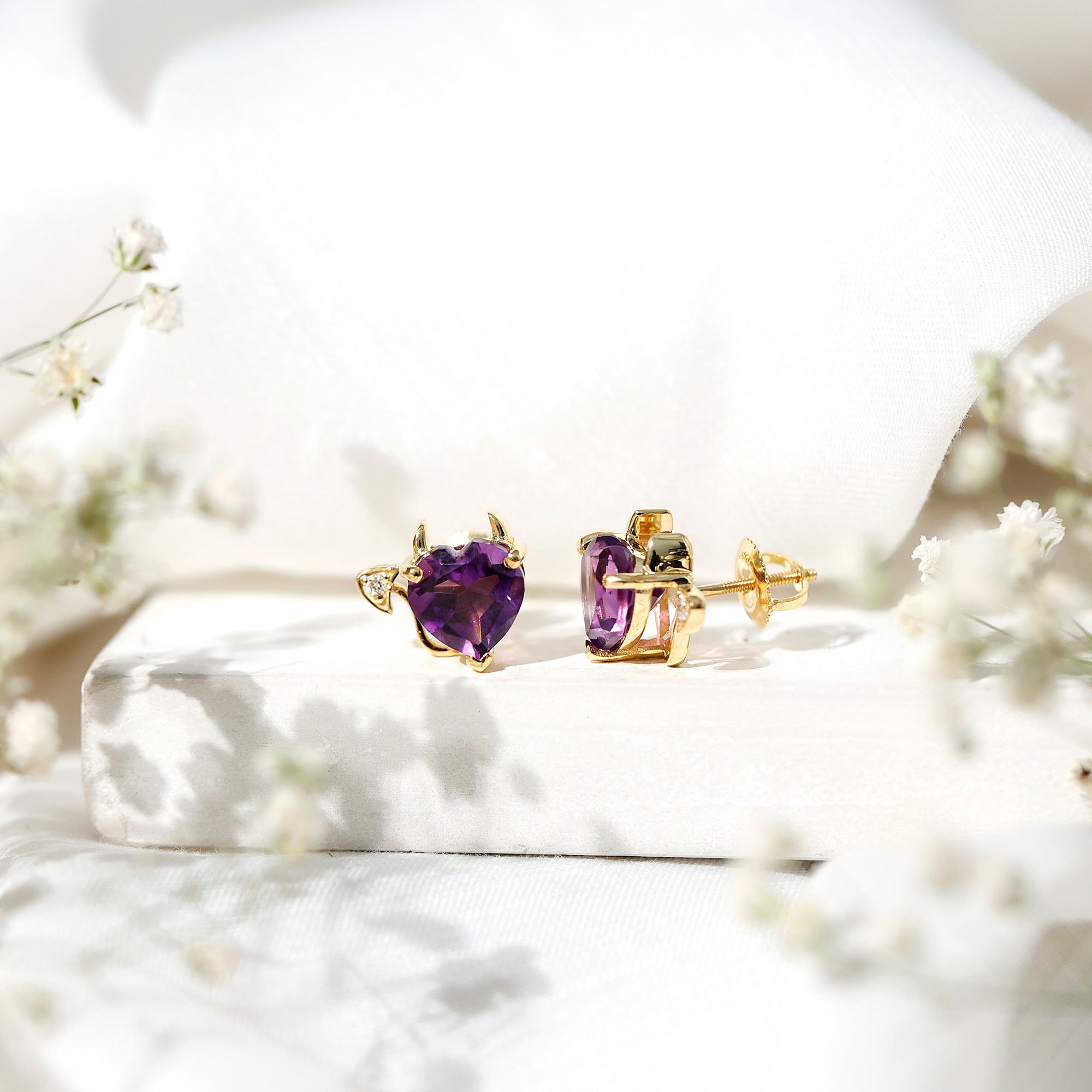 Heart Shape Amethyst and Diamond Gothic Stud Earrings AAA - Rosec Jewels