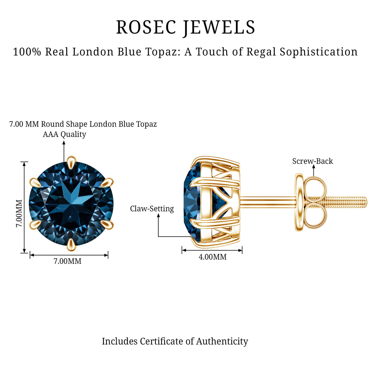 2.7 Carat London Blue Topaz Solitaire Stud Earrings AAA - Rosec Jewels