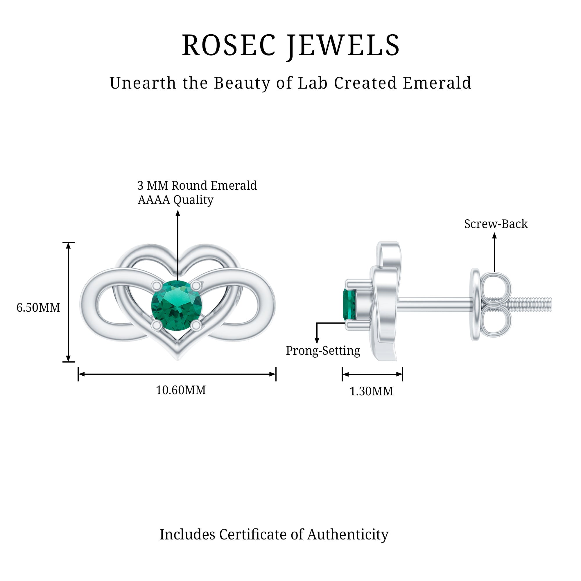 Lab Grown Emerald Infinity Heart Stud Earrings AAAA - Rosec Jewels
