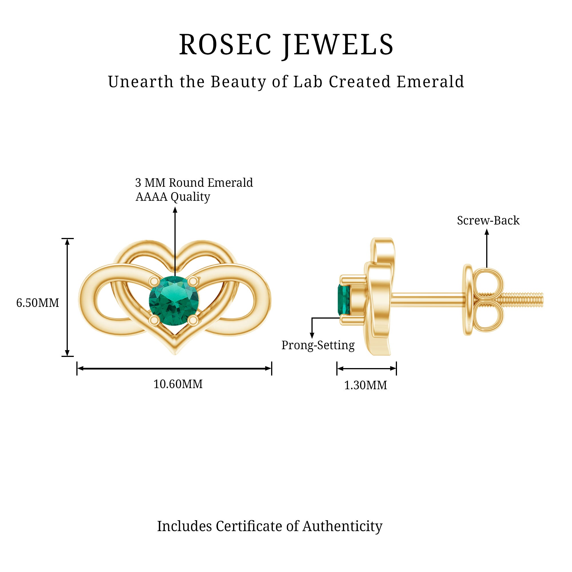 Lab Grown Emerald Infinity Heart Stud Earrings AAAA - Rosec Jewels