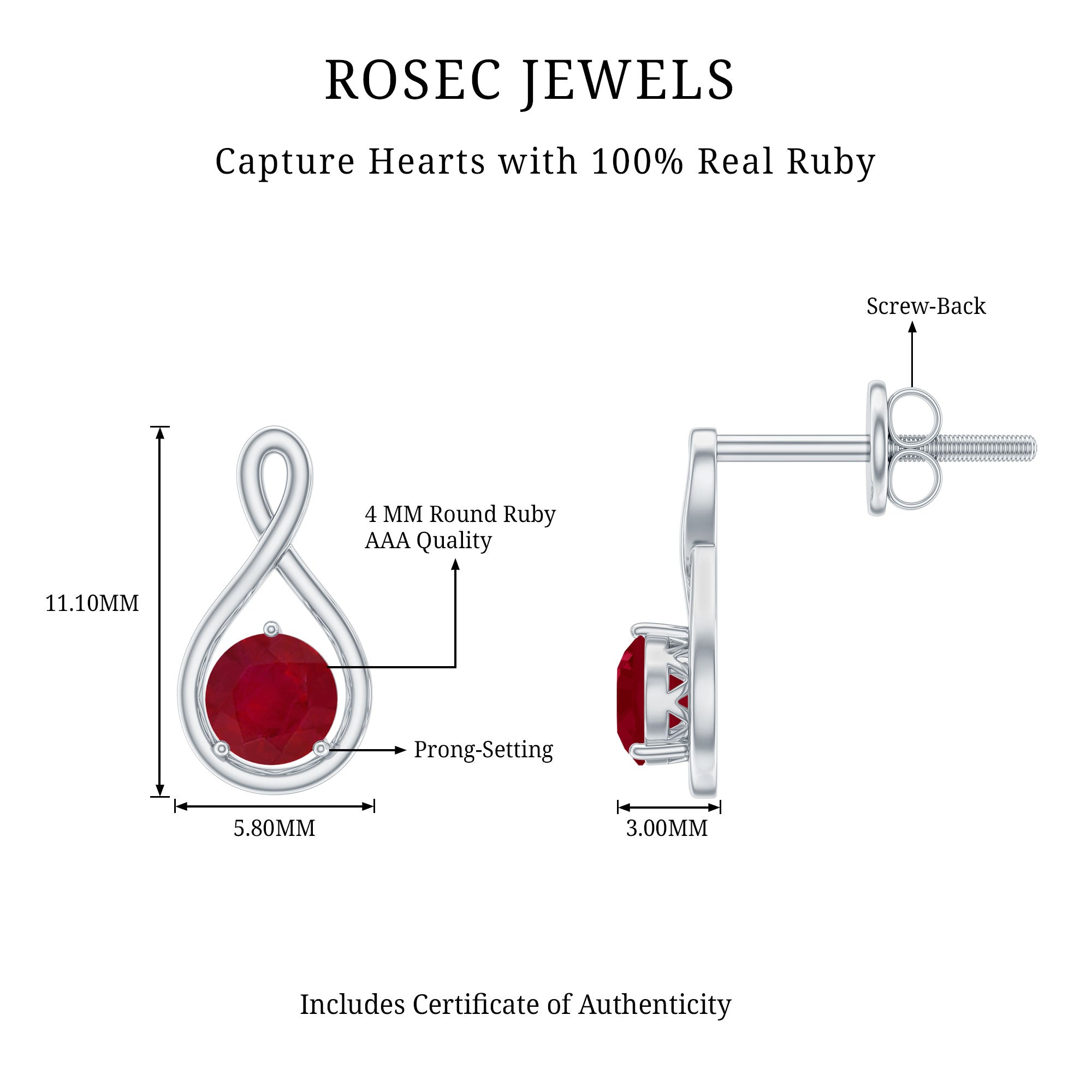 1/2 CT Solitaire Ruby Infinity Stud Earrings AAA - Rosec Jewels