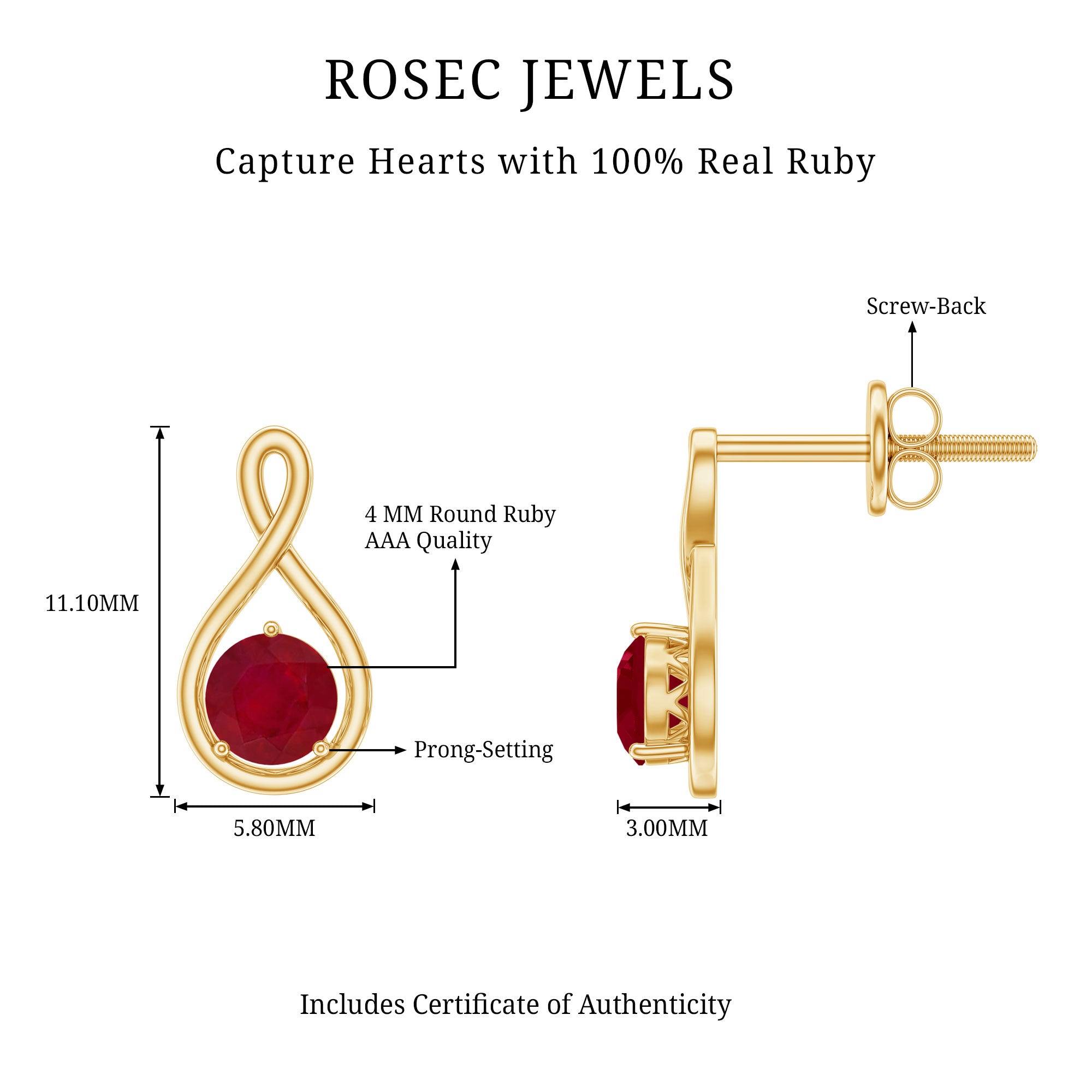1/2 CT Solitaire Ruby Infinity Stud Earrings AAA - Rosec Jewels